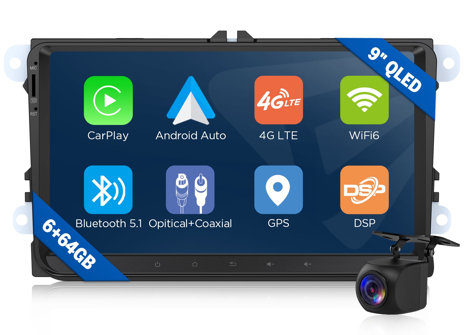 For VW Golf MK5 MK6 9″ QLED 6+64G Android Car Stereo Radio CarPlay Audio WiFi 4G