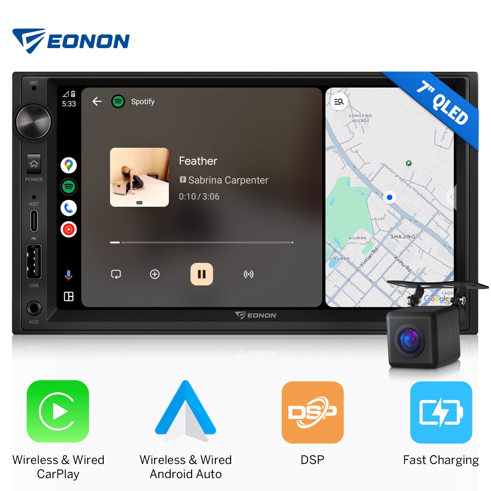 7″ QLED Android Auto Double DIN Car Stereo Wireless CarPlay Sat Nav Touch Screen