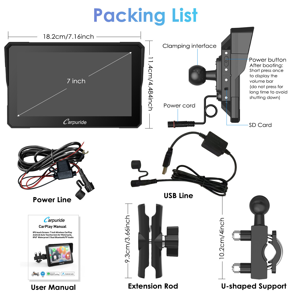 Carpuride 7Inch Motorcycle Stereo Bluetooth Wireless Apple CarPlay Android Auto
