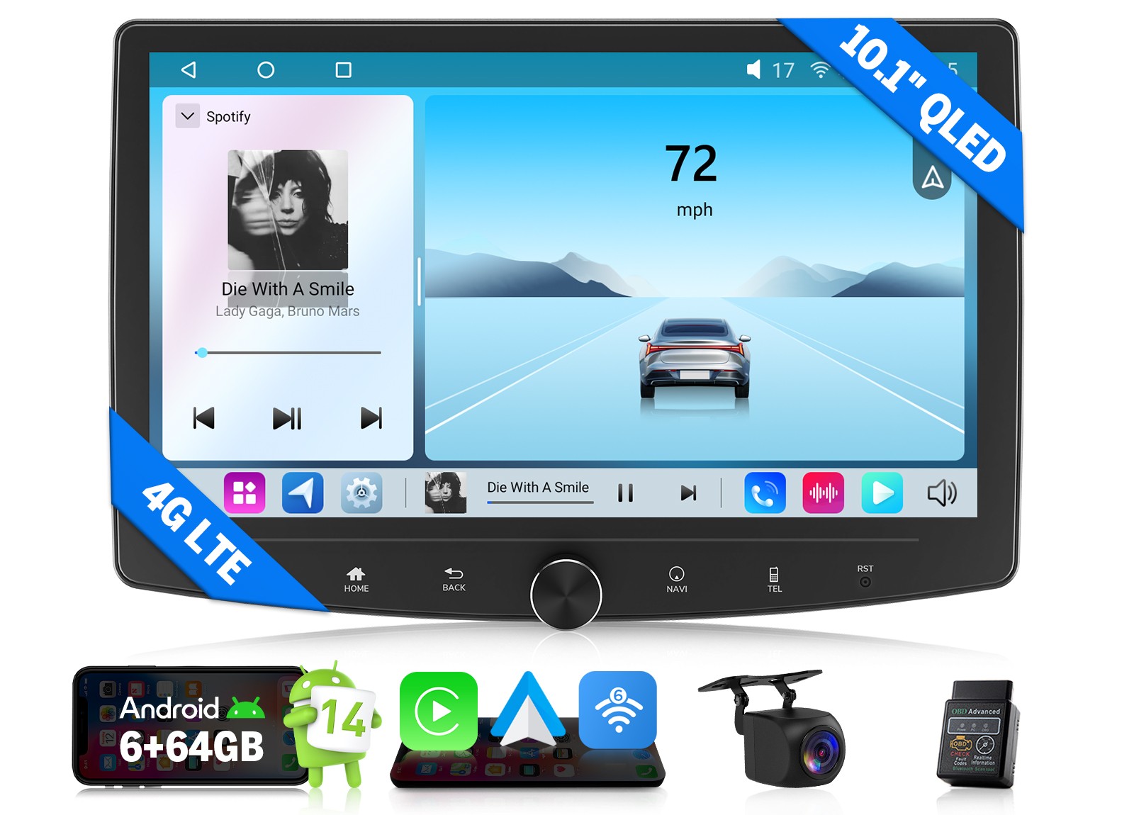 10.1″ Double DIN Head Unit Wireless CarPlay Android Auto GPS Navigation QLED DSP