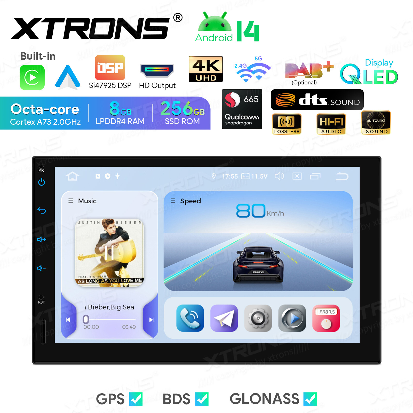 2 DIN Android 14 CarPlay Head Unit 8GB 256GB GPS DTS Sound 7″ Touchscreen WIFI