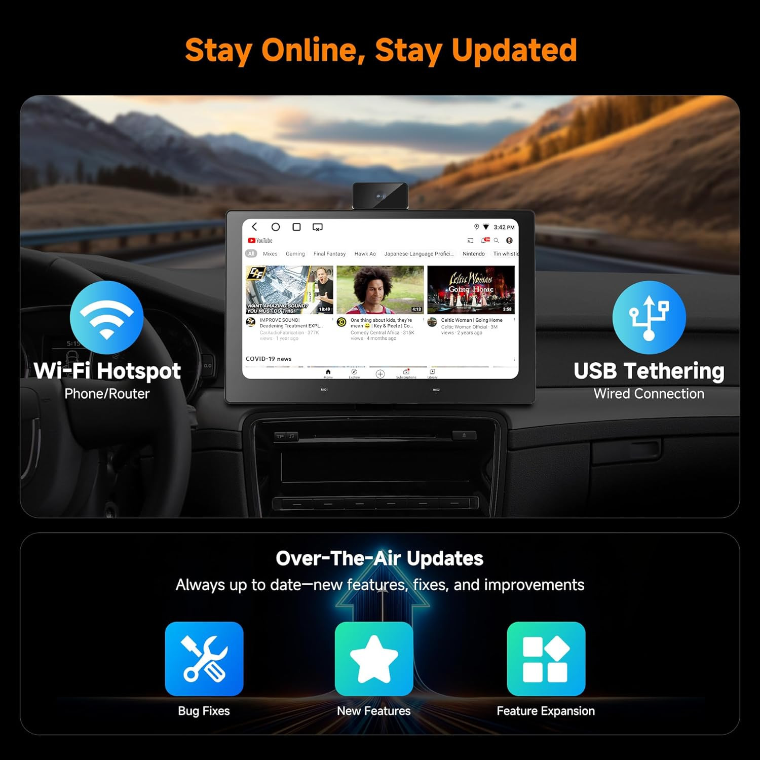 9″ Wireless Carplay Screen with Dash Cam, GPS, Bluetooth & Dual Wifi