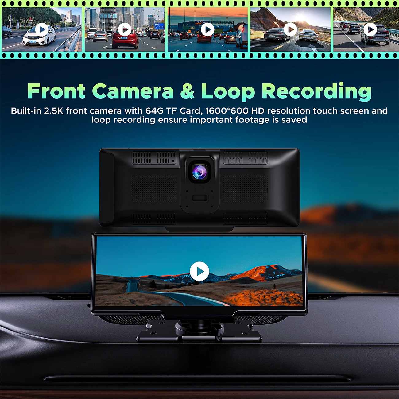 10.2″ Wireless Carplay Monitor Screen Android Auto DVR Front Rear Cam Rearview