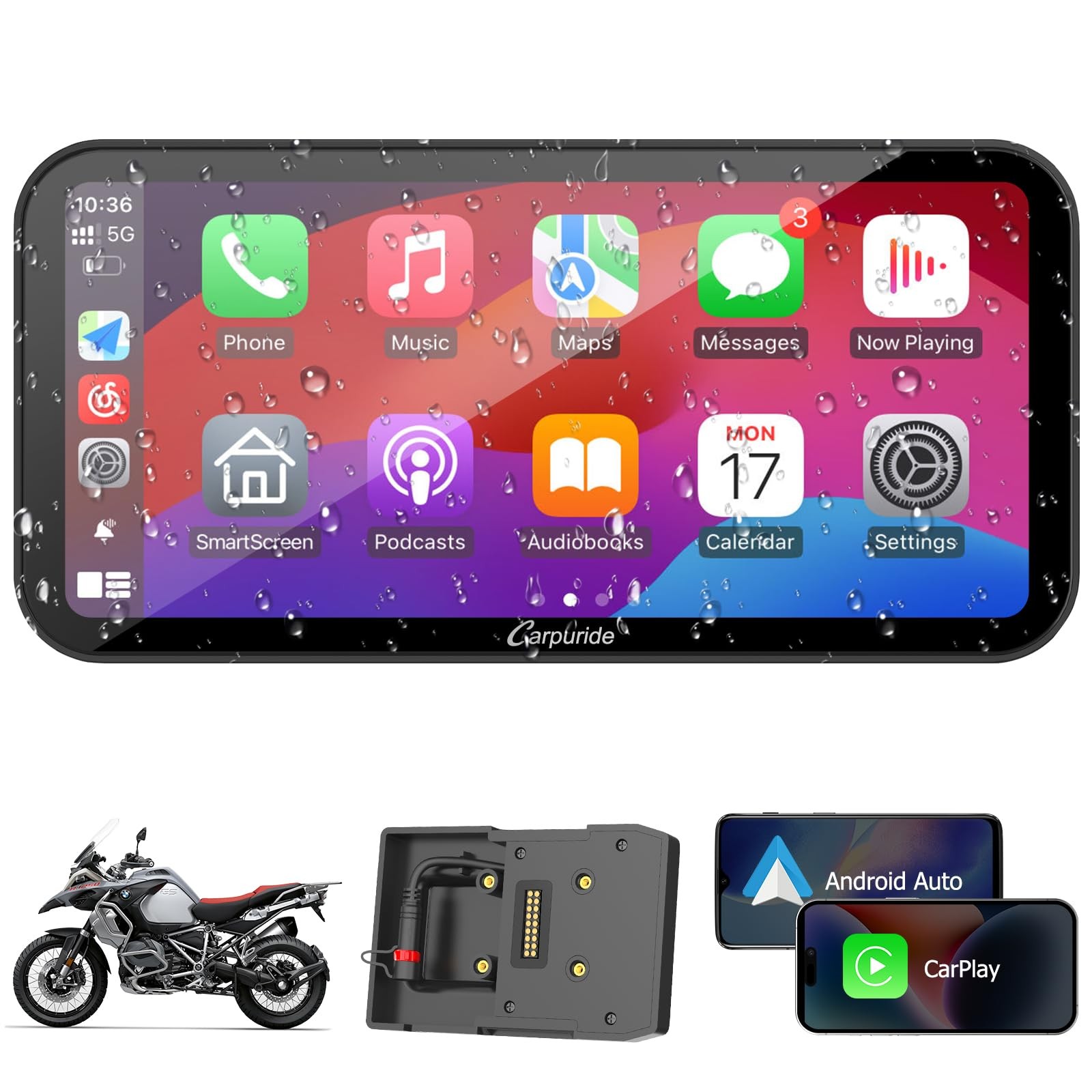Carpuride W603B Motorcycle Carplay Screen for BMW R1200GS R1250GS S1000XR Mot…