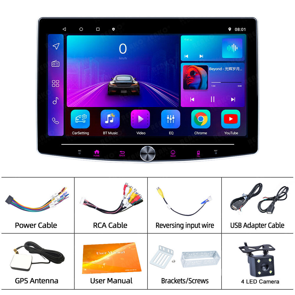 Single 1Din 10″ Adjustable Screen Android 12 Car Stereo GPS Radio BT Player +Cam