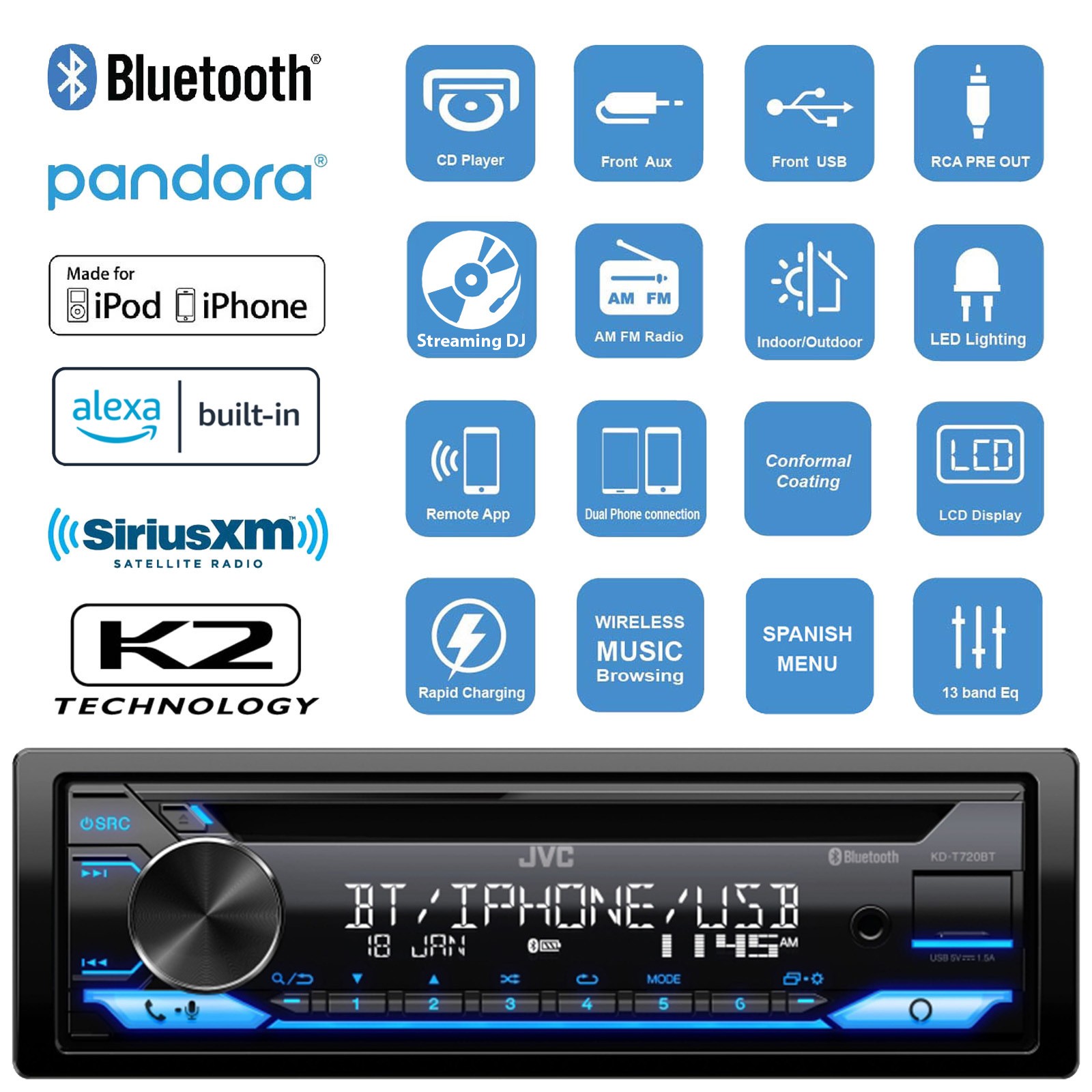 KD-T720BT Bluetooth CD/AUX/Stereo Bundle with 4x 4″ 150W 2-Way Speakers, Wire