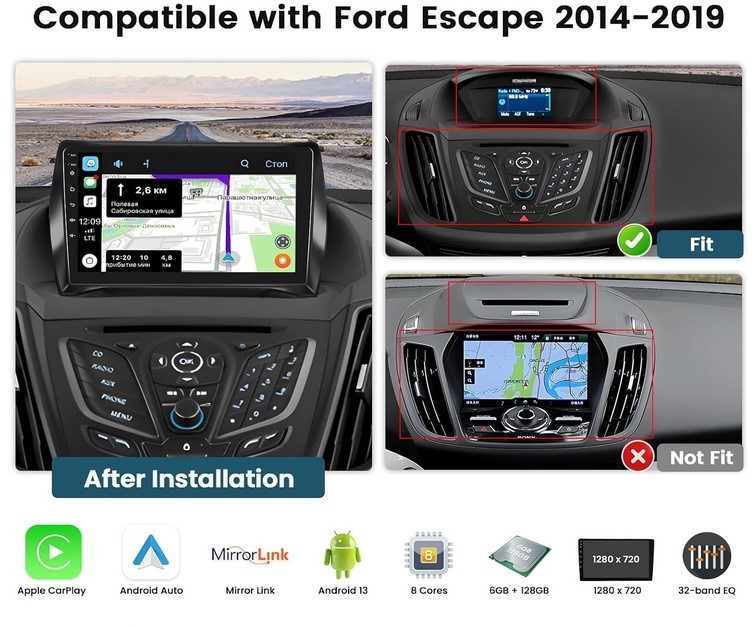 2014-2019 Ford Escape CarPlay Android 13 GPS Navi 6G+128G Radio Stereo