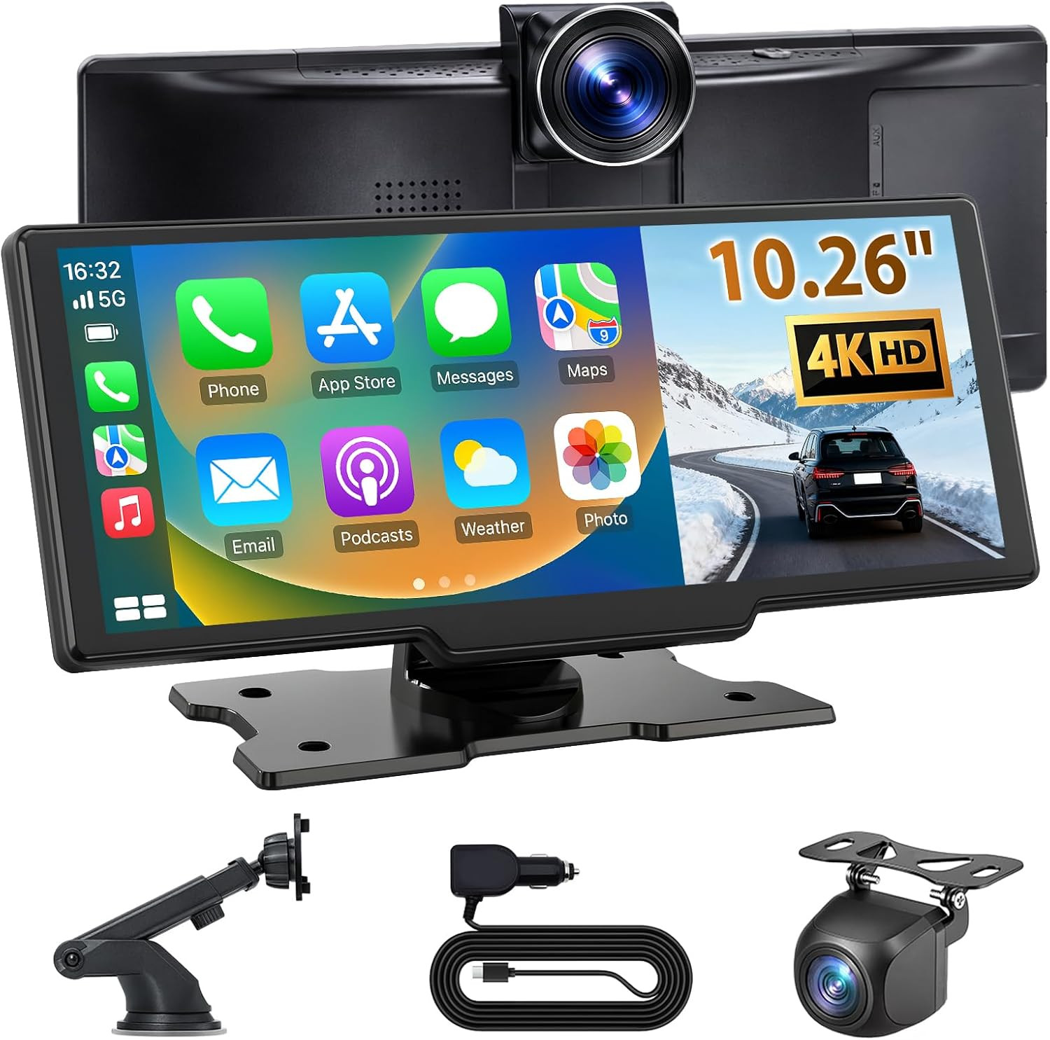 10.26″ Portable Wireless Carplay Screen for Car with 4K Dash Cam, 1080P Backup C