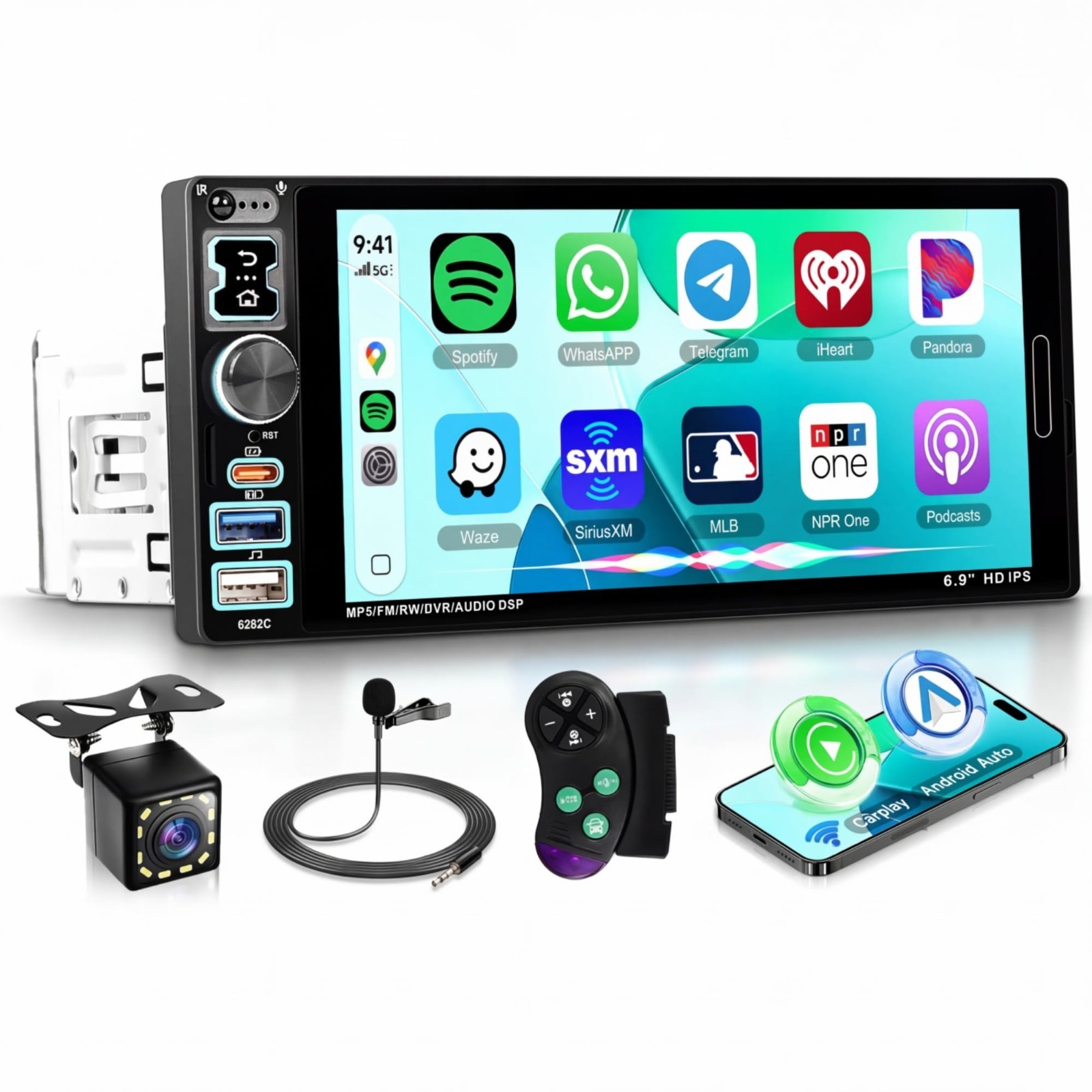 6.9″ Single Din Car Stereo, Bluetooth 5.2, Wired CarPlay & Android Auto, Touch S