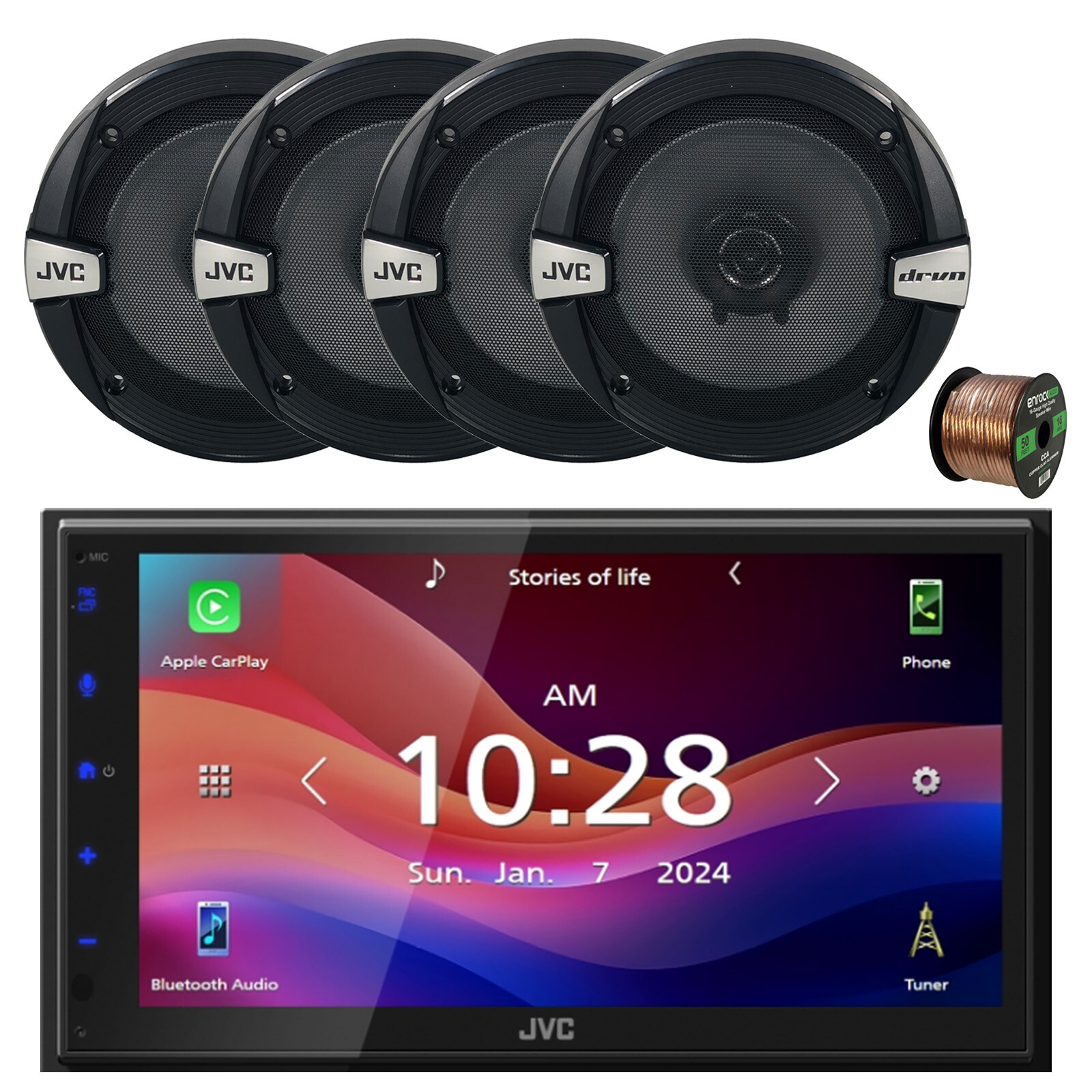 JVC KW-M695BW WiFi Bluetooth Stereo Receiver, 4x 6.5″ 300W Car Speakers w/Wire