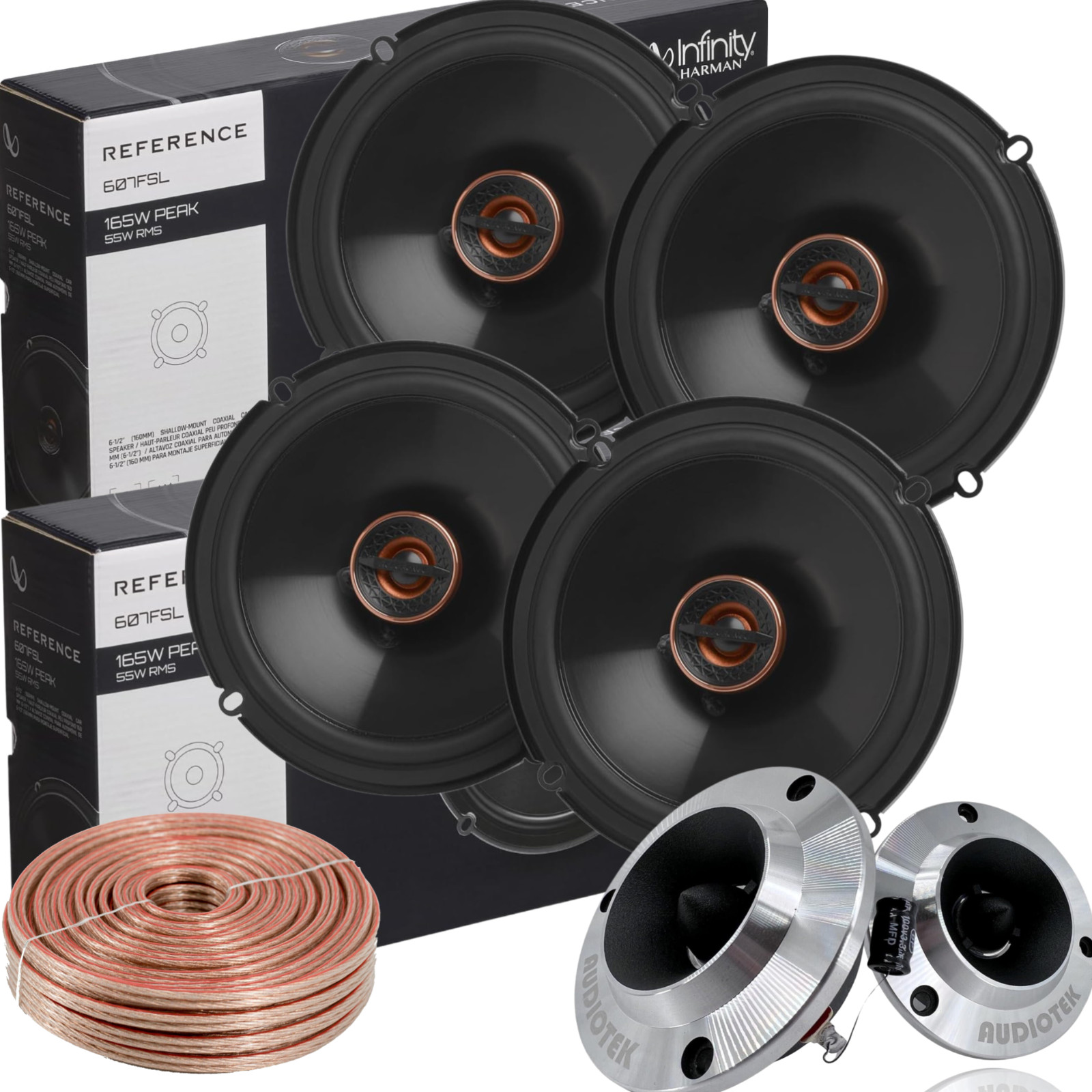 4X Infinity 6.5″ Coaxial Car Speakers 165W + 100ft Wire & 500W Tweeter