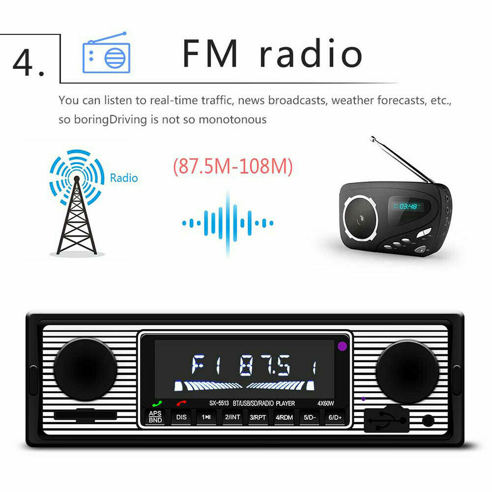Vintage Bluetooth FM Radio Car Stereo MP3 Player USB AUX Audio Receiver