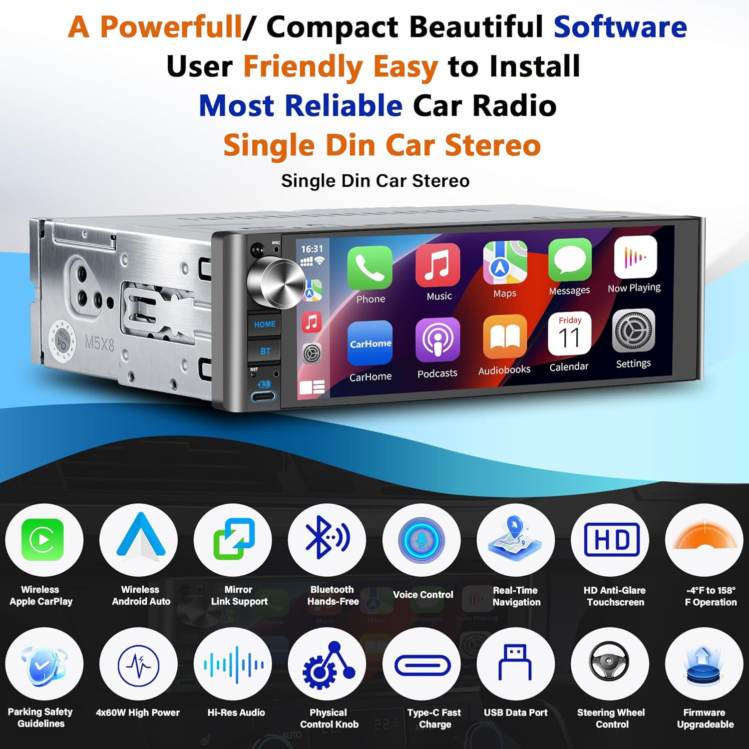 LSLYA Single Din Car Stereo with Wireless Apple CarPlay & Android Auto – 240W Ou