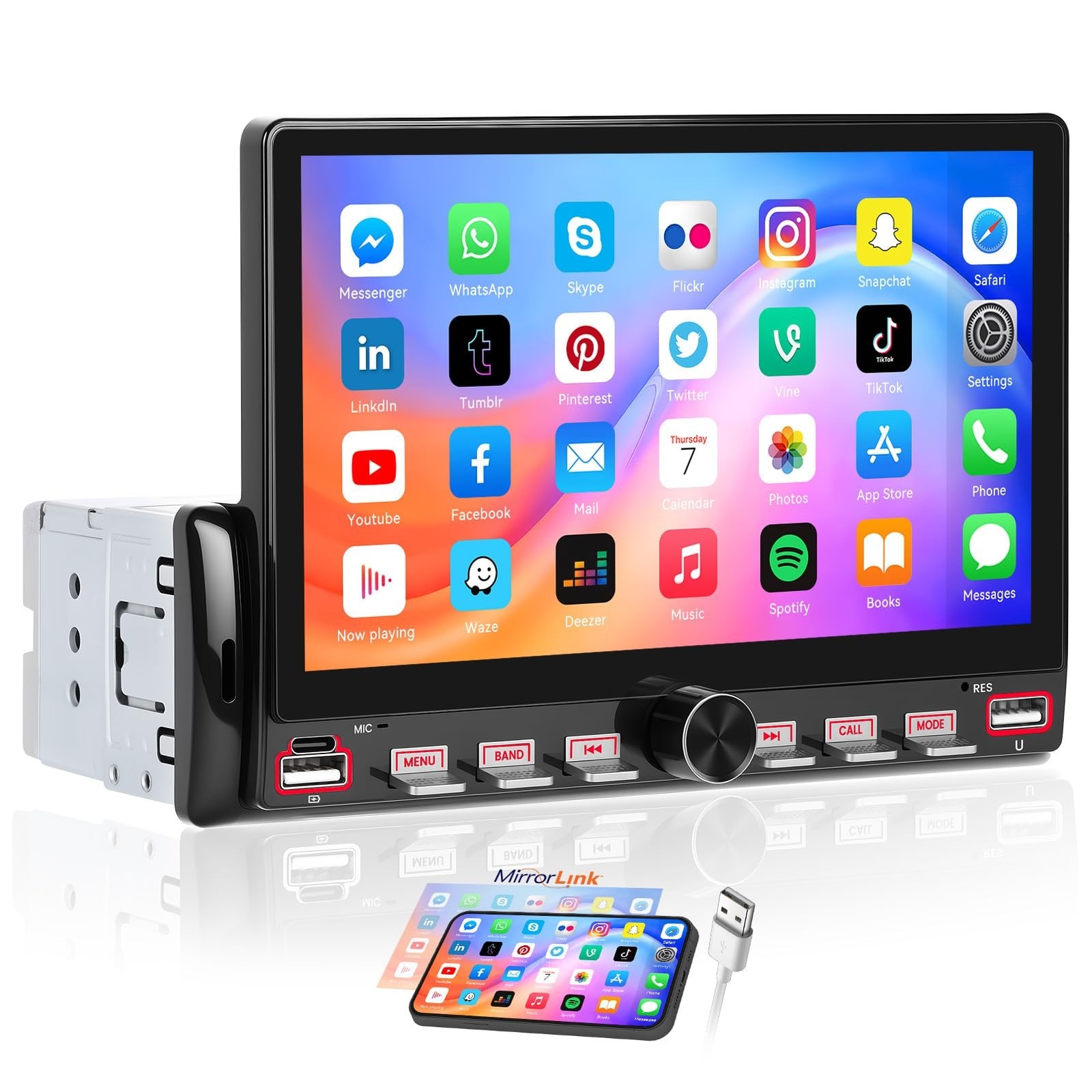 7″ Single Din Car Stereo Bluetooth, Mirror Link, Steering Wheel Control, FM Radi
