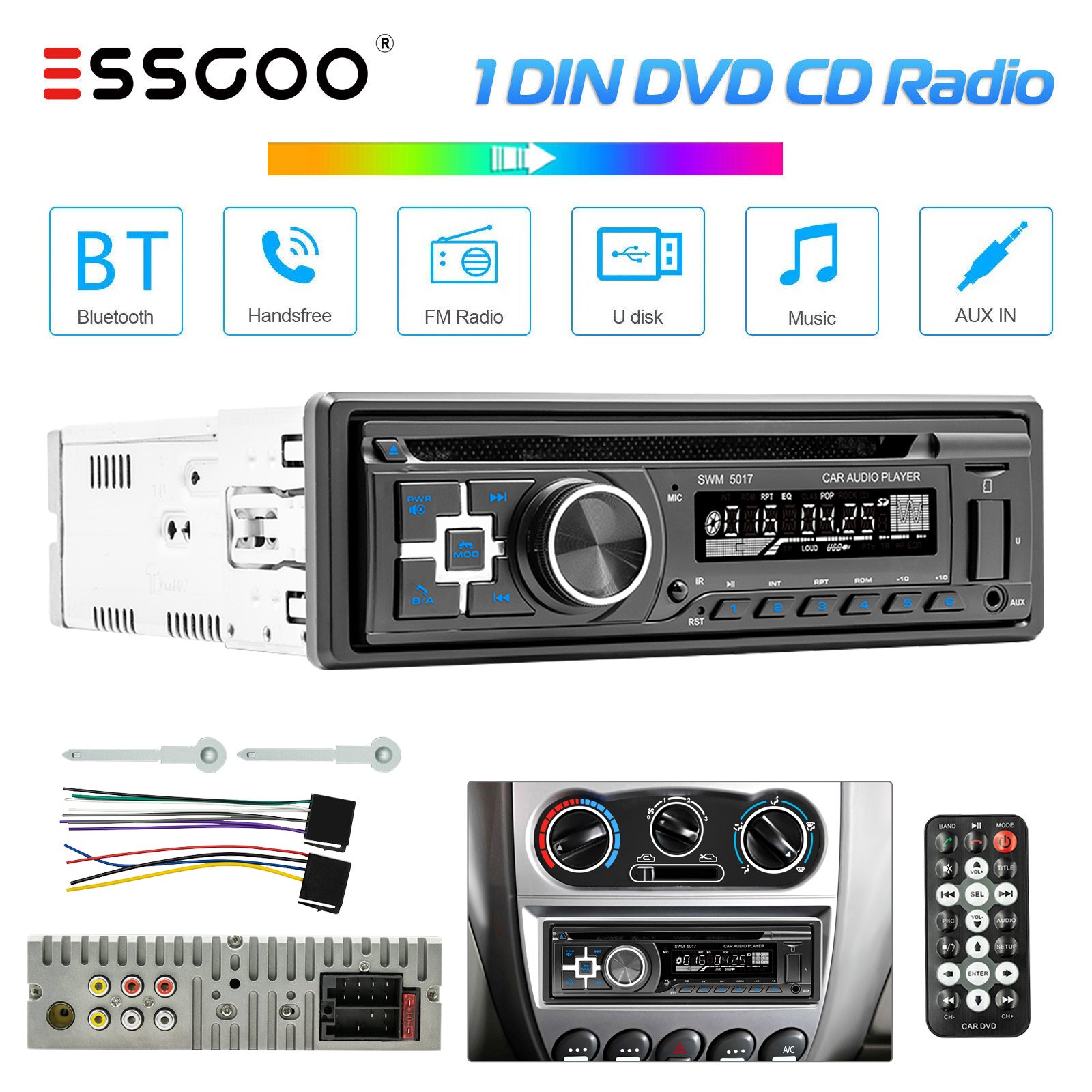 ESSGOO 1 DIN DVD CD Car Stereo Radio MP3 Player Bluetooth FM USB SD AUX In-dash