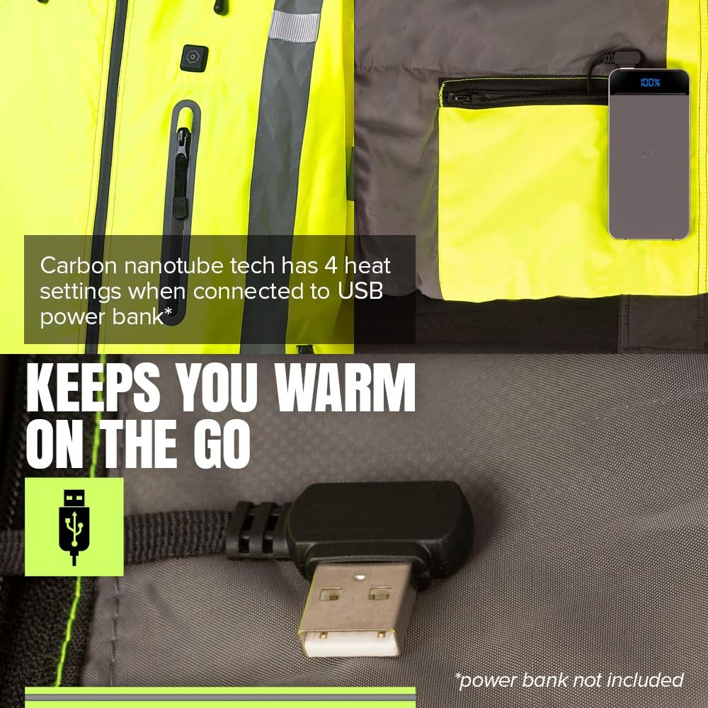 Hi Vis Waterproof Heated Safety Bomber Jacket – Class 3 Winter Rain Gear for Men