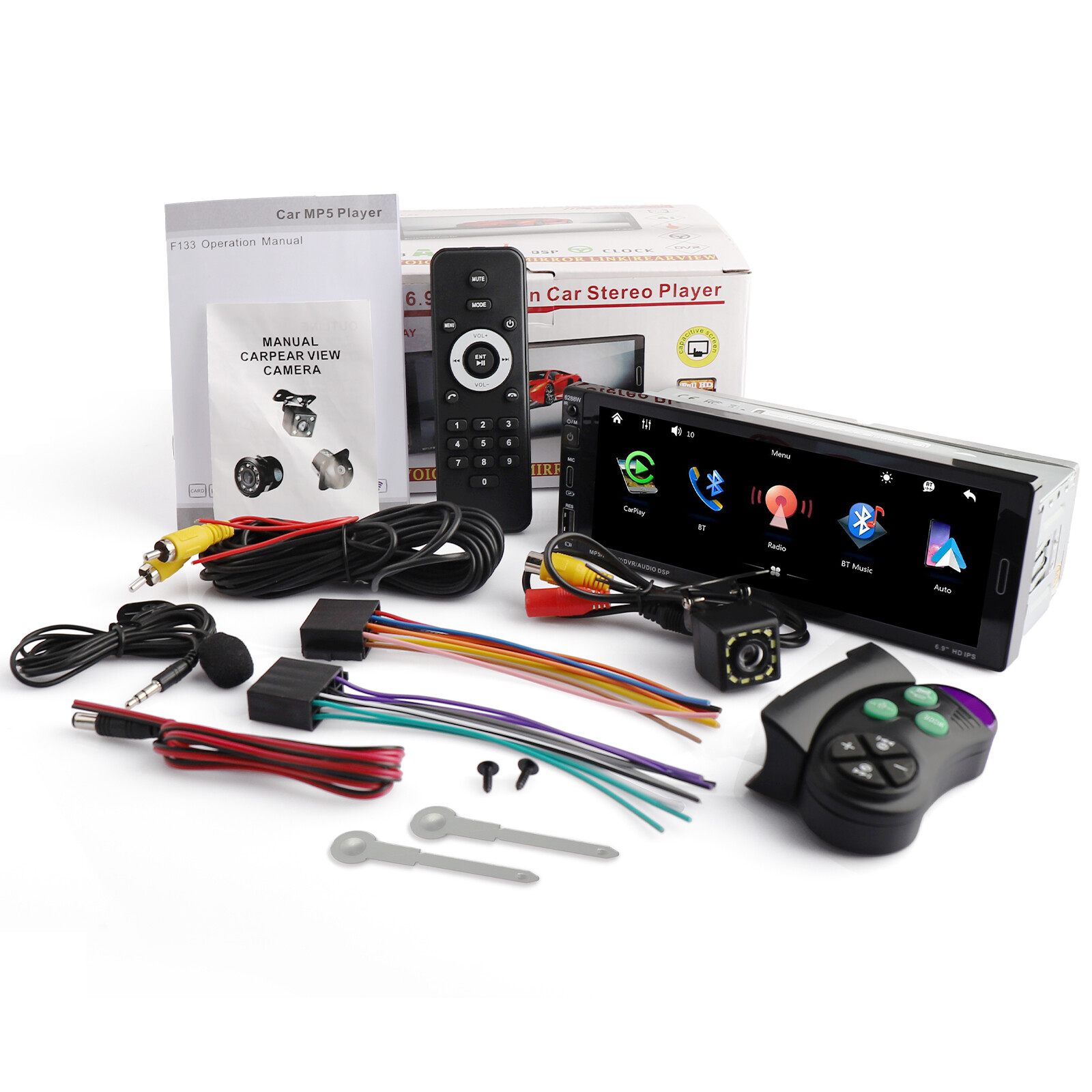 Single Din Car Stereo Wireless CarPlay 6.9 Touchscreen Bluetooth Radio USB