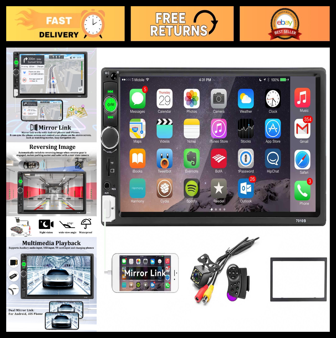 Double Din Bluetooth Car Stereo 7″ MP5 Player HD Touch Screen FM Radio AUX USB T