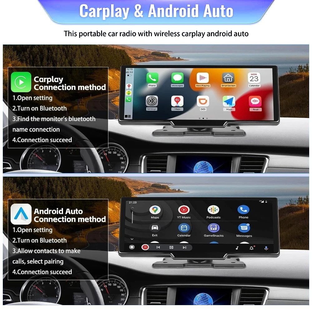 10.26″ 2K Car Portable Wireless Apple CarPlay Android Auto Touch Screen Radio