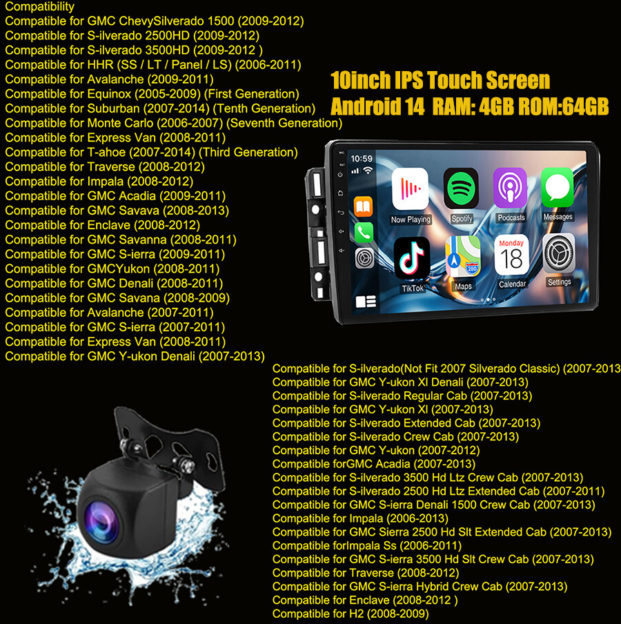 For GMC Yukon Chevy Silverado Android 14 Car Stereo Radio GPS BT with Mic Camera