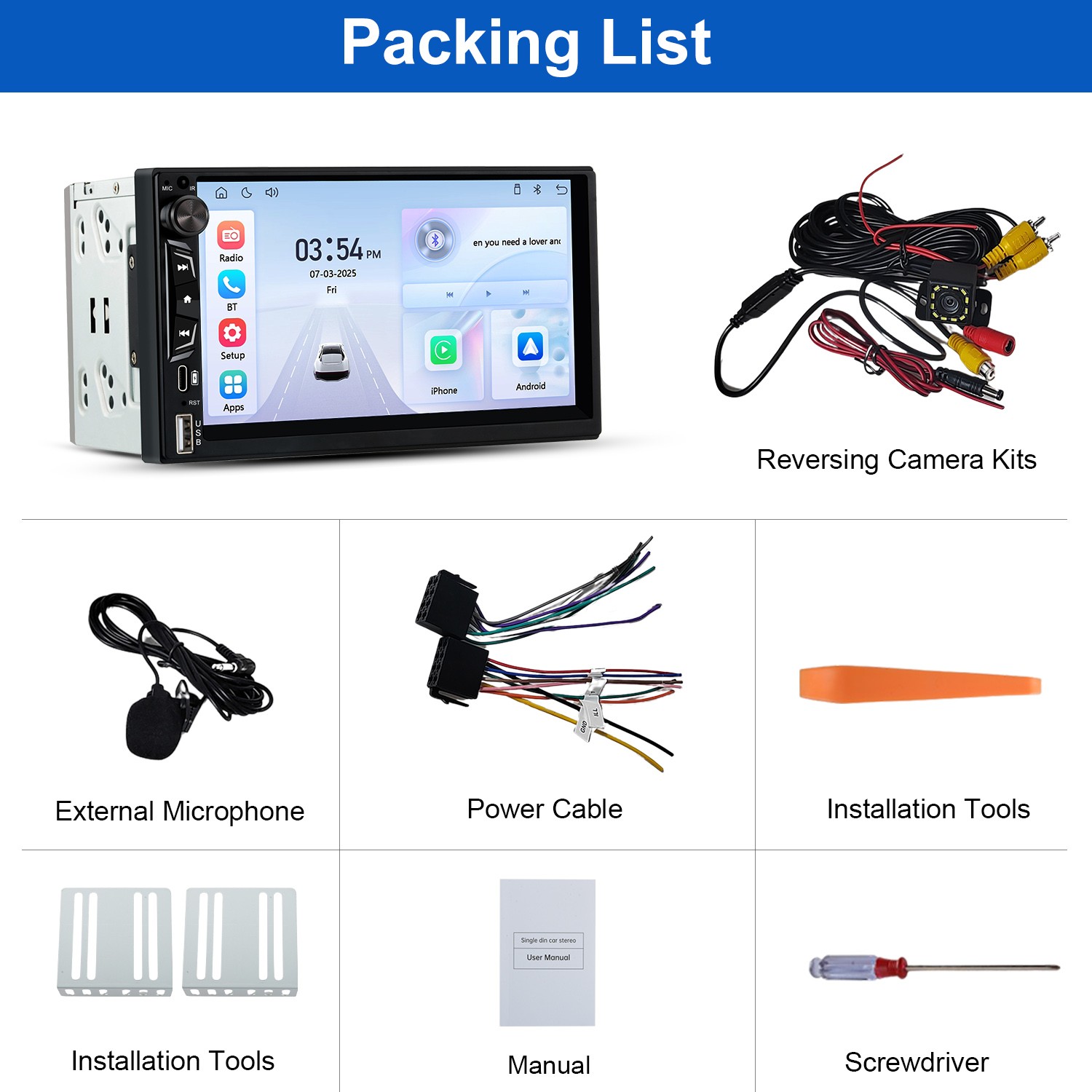 7″ 2Din CarPlay Android Auto Multimedia Player Rear Camera Universal Car Stereo
