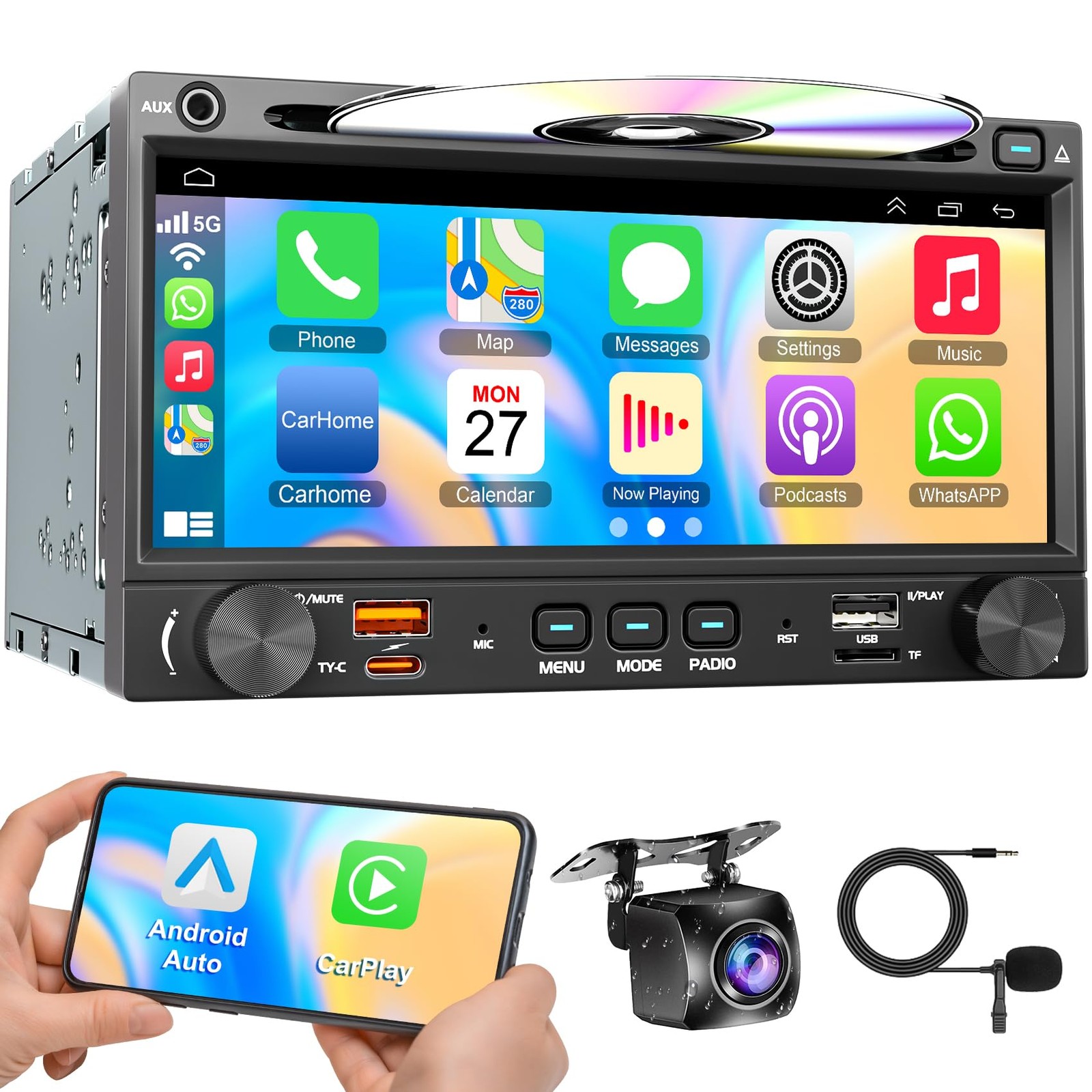 [QLED Screen Upgrade] 7″ Double Din Car Stereo CD DVD Player, Wireless CarPla…