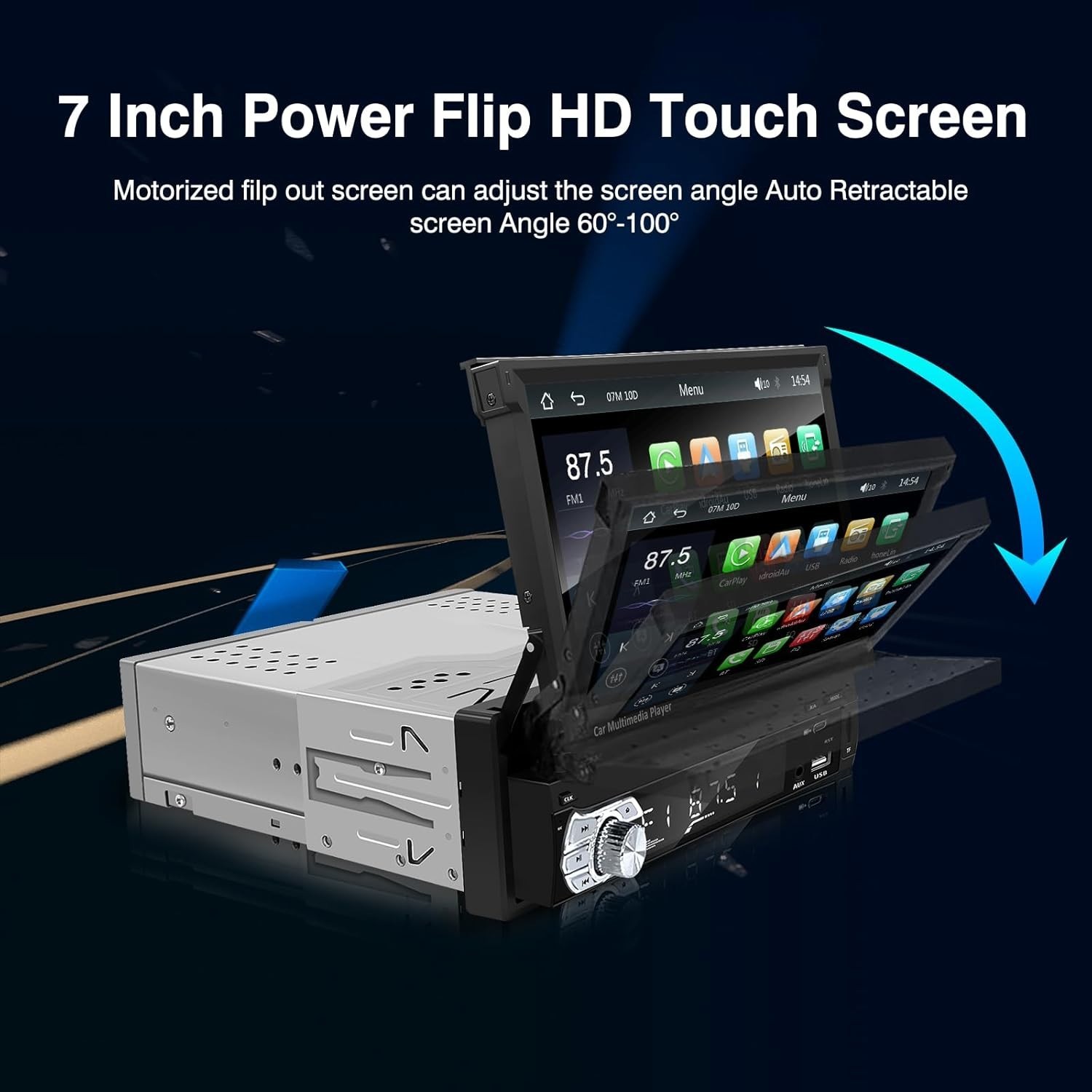 Type-C&USB Single-Din-Carplay& Android-Auto-Car-Radio 7-inch Flip Out Touchsc…