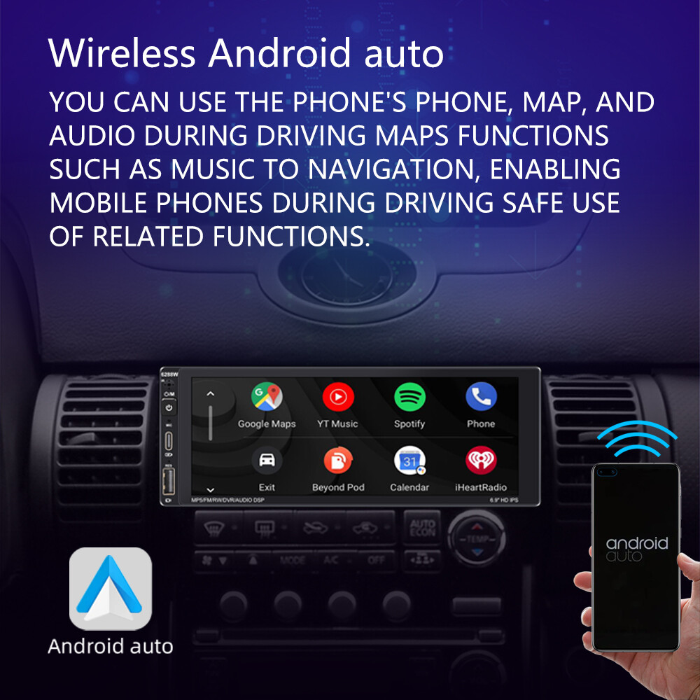 6.9″ 1 Din Car Stereo Carplay Android Auto Bluetooth Type-C Charge USB/AUX Radio