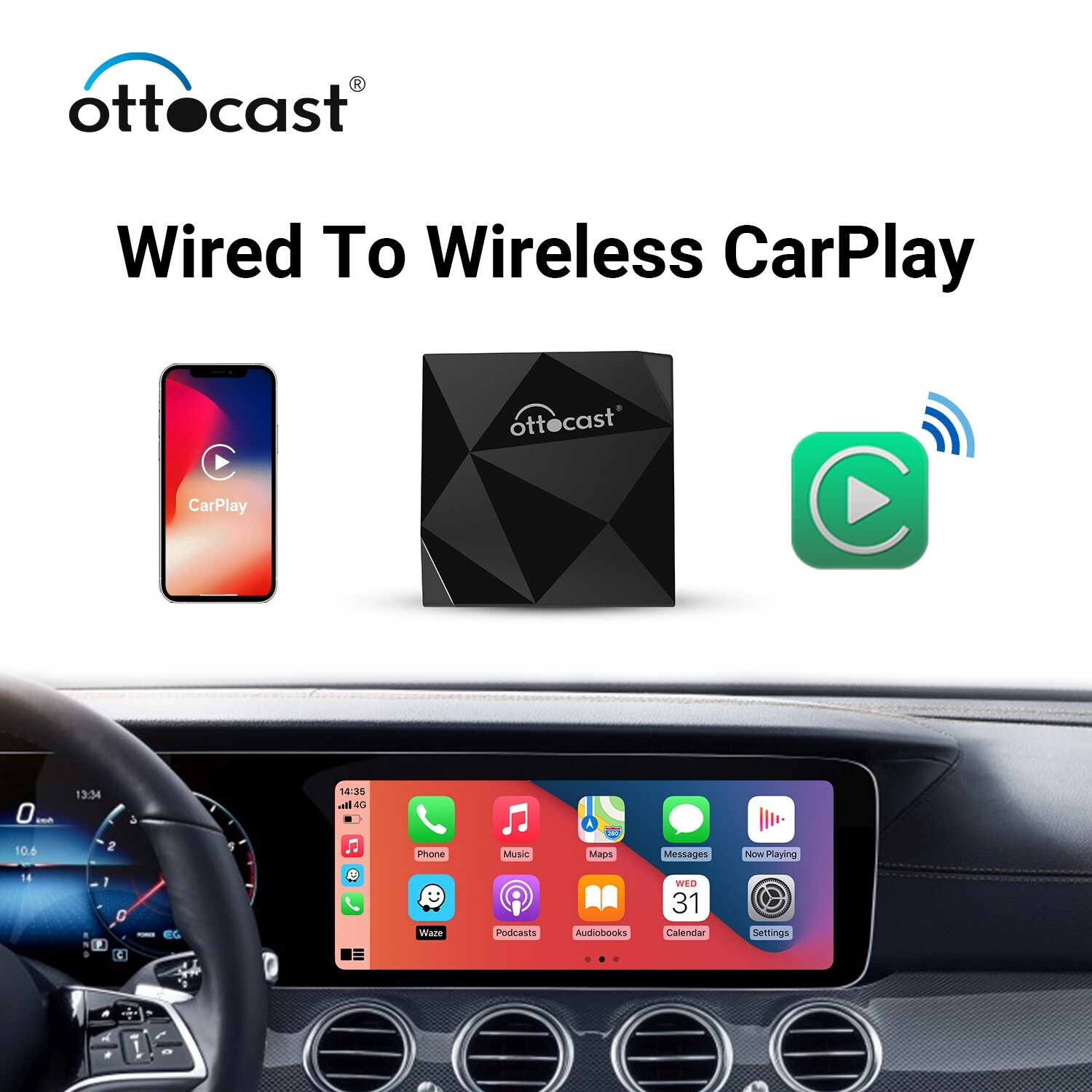 Ottocast Wired to Wireless Carplay Adapter U2 AIR, Navigation Player for iPhone