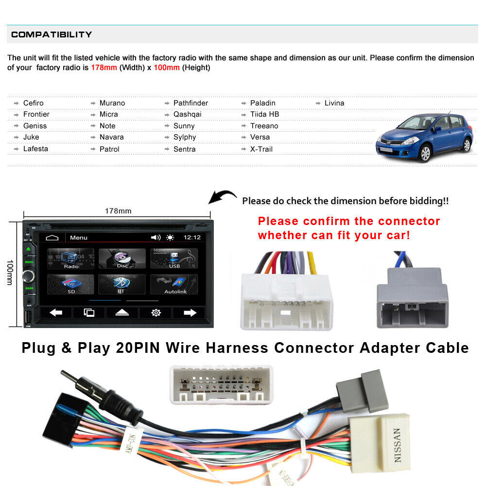 7″ 2Din Apple CarPlay BT CD/DVD Car Stereo for Nissan Juke Versa X-Trail Sentra