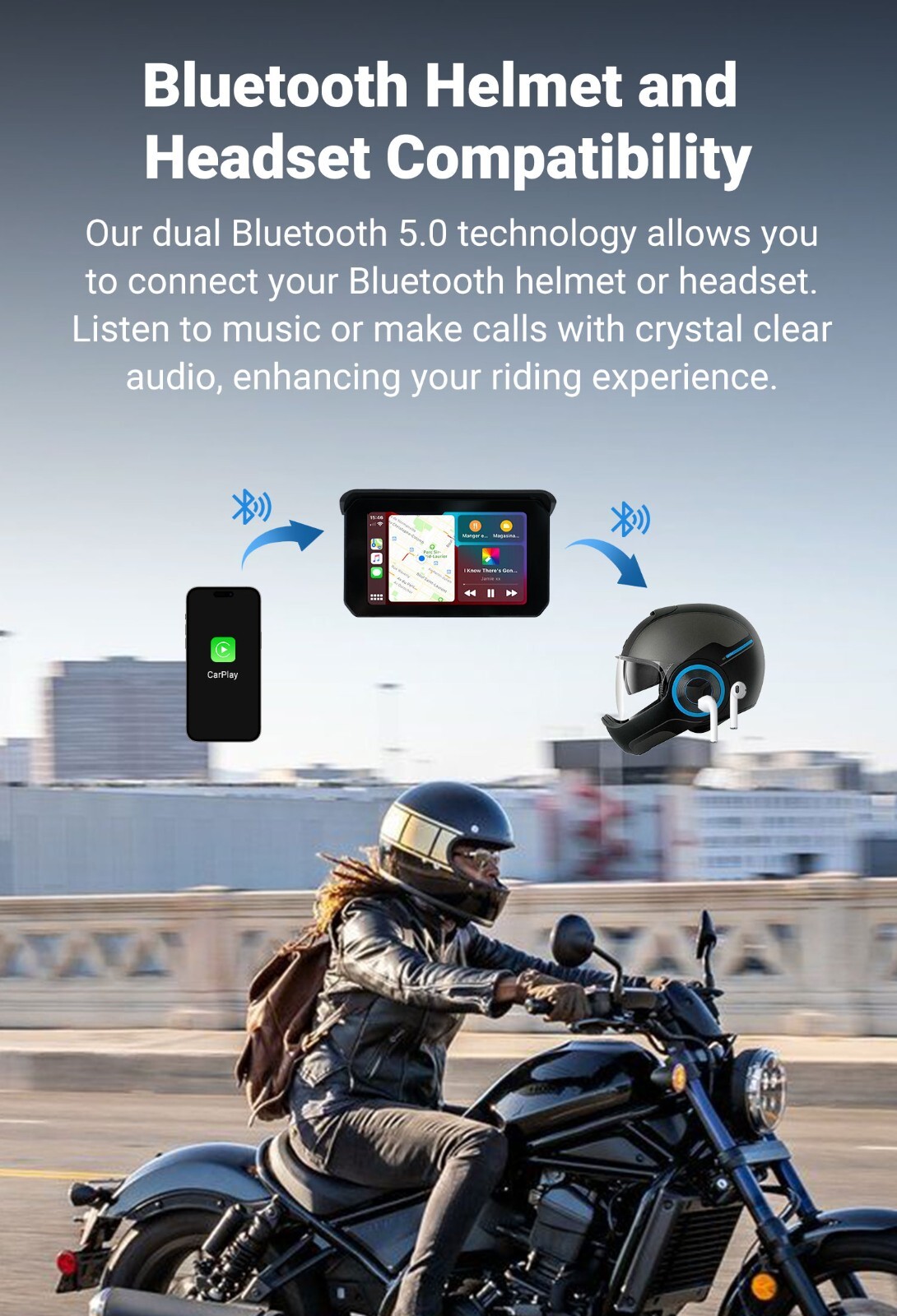 GPS Portable Motorcycle Navigator Wireless CarPlay Waterproof 5″IPS Touch Screen