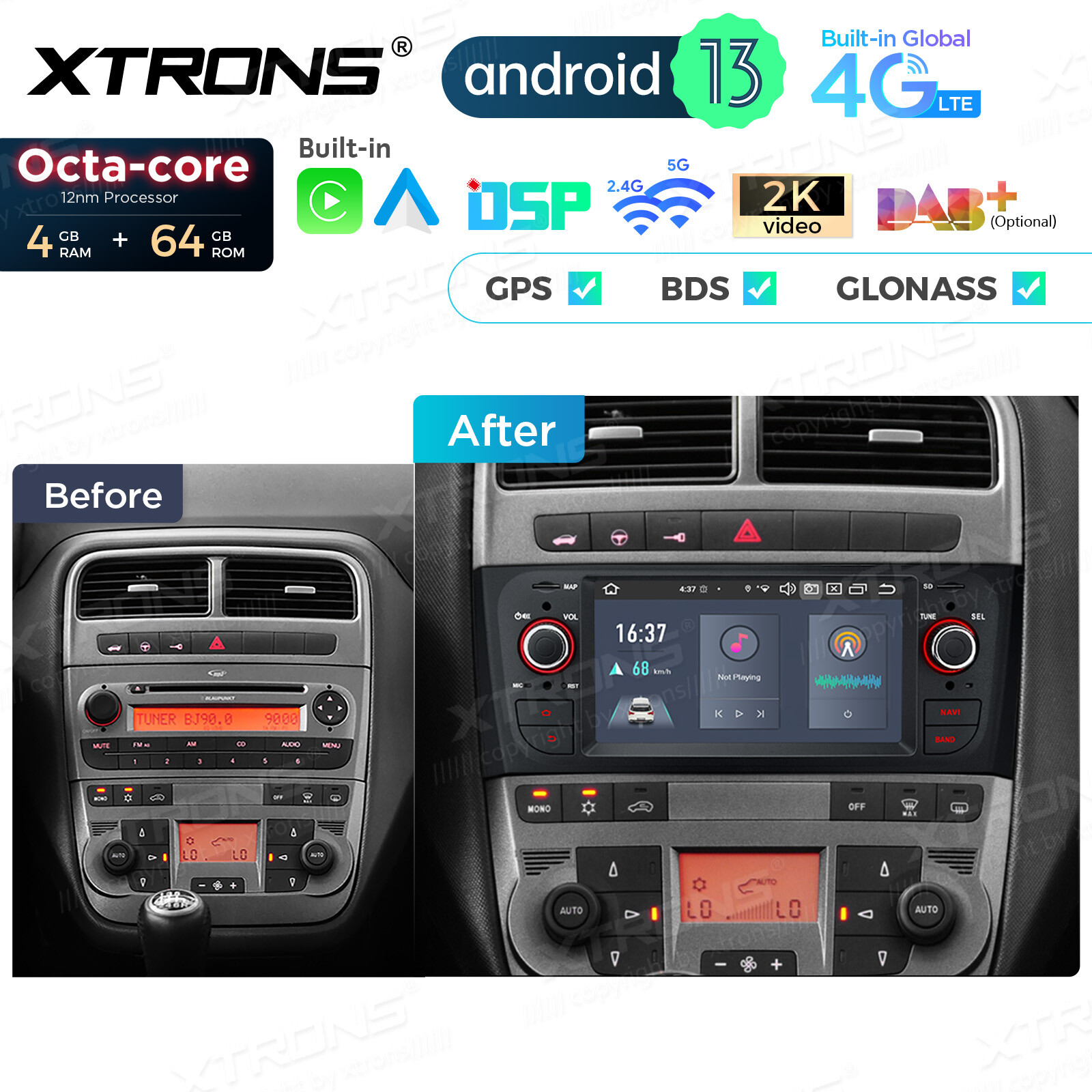 6.1″ Android 13 8-Core Car Stereo GPS CarPlay 4+64GB For Fiat Grande Punto Linea