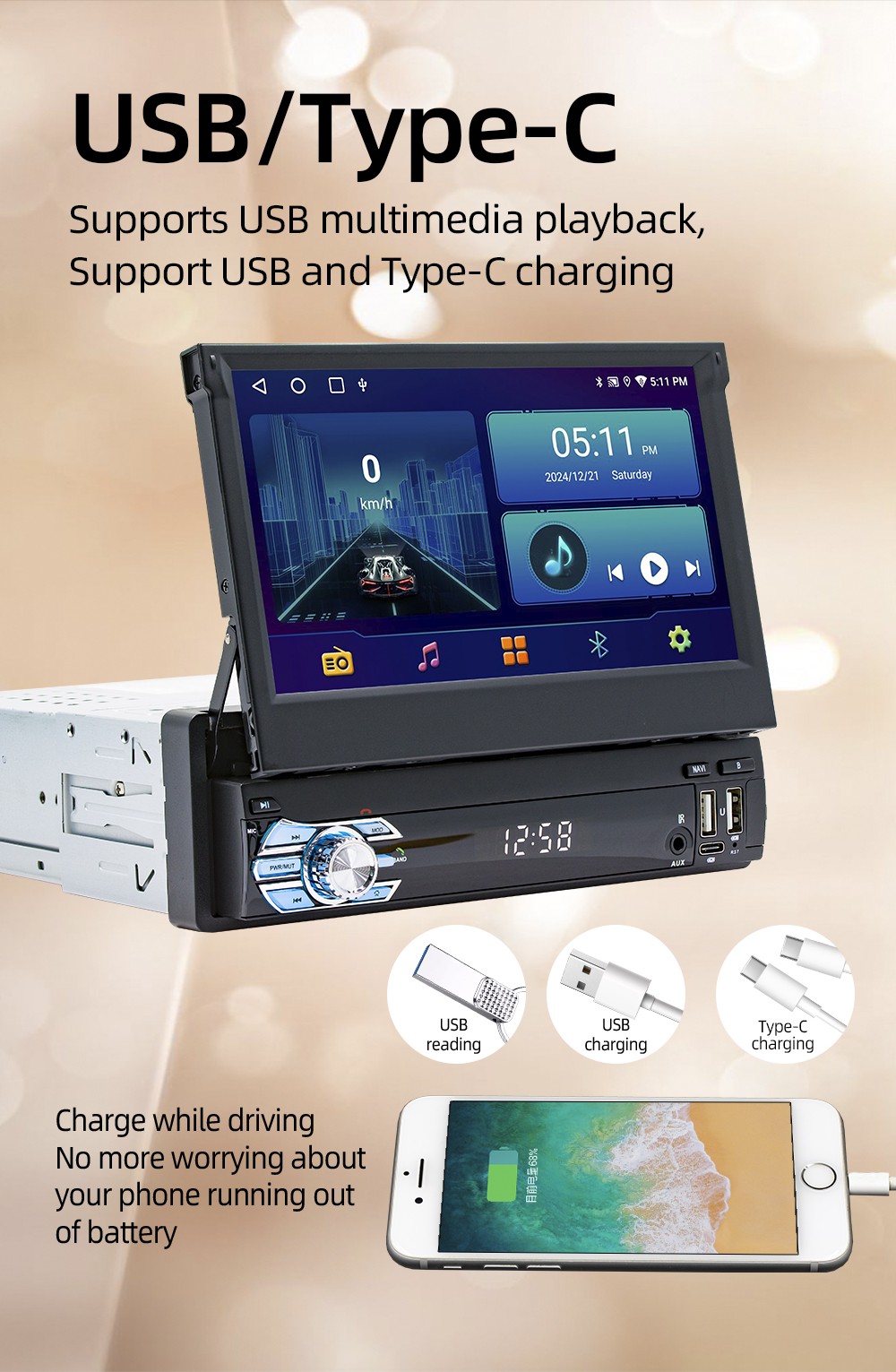7″ 1 DIN Car Stereo Radio CarPlay Android 15 GPS NAV Flip Out Screen 4+64GB WIFI