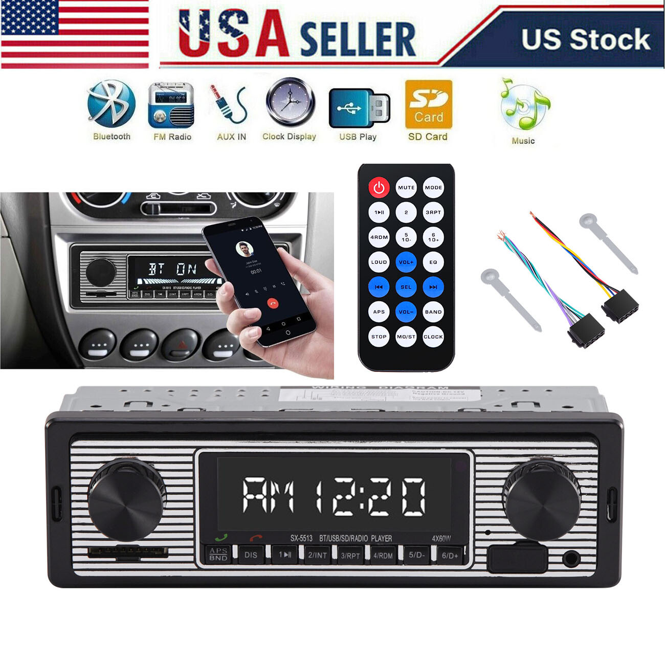 Bluetooth Vintage Car FM Radio MP3 Player USB Classic Stereo Audio Receiver AUX