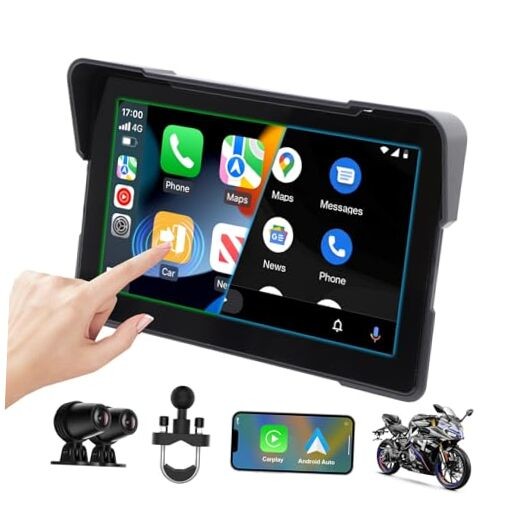 Wireless Motorcycle Carplay and Android Auto, IP67 Waterproof Smart 7″
