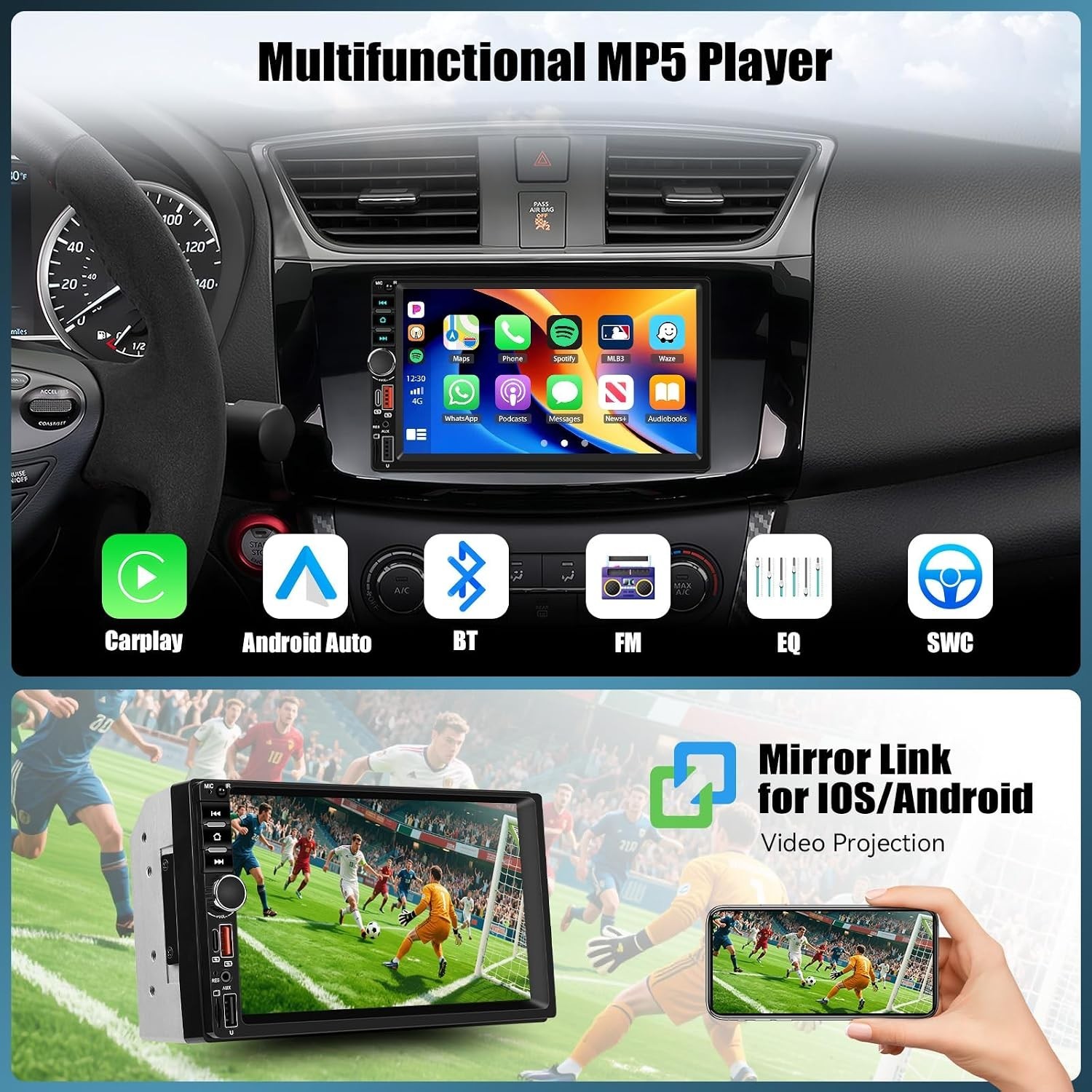 Wireless Double Din Car Stereo Compatible A-pple Carplay Android Auto,7″ IPS 102