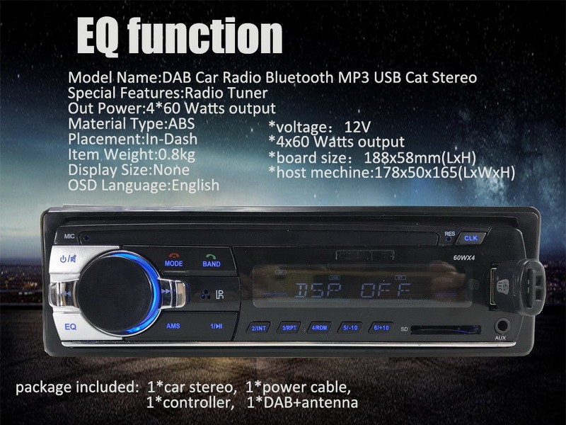 1 DIN Car Audio Player 4x60W Output DAB/FM Radio, Bluetooth, USB/AUX & MP3