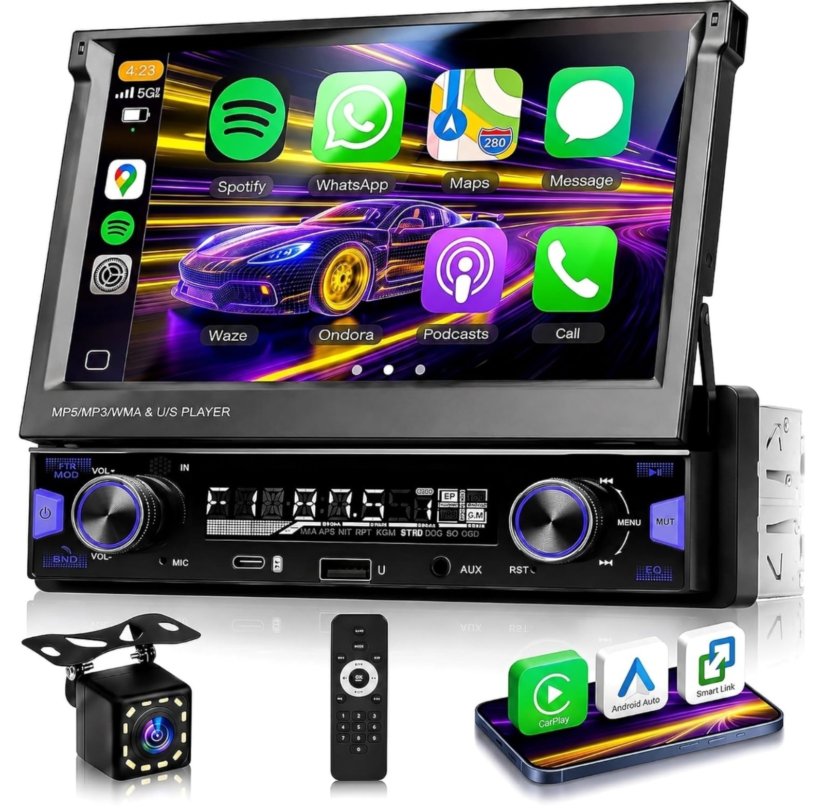 7″ Single DIN Flip Out Car Stereo – Wireless CarPlay, Android Auto, Bluetooth 5.
