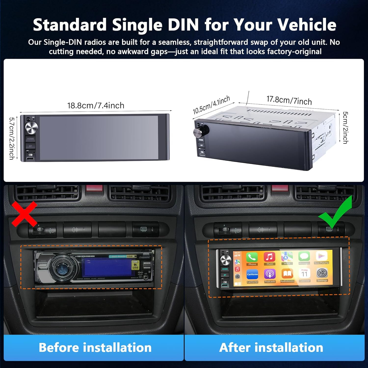 Single Din Car Stereo with Wireless Apple Carplay & Android Auto – 240W Output,