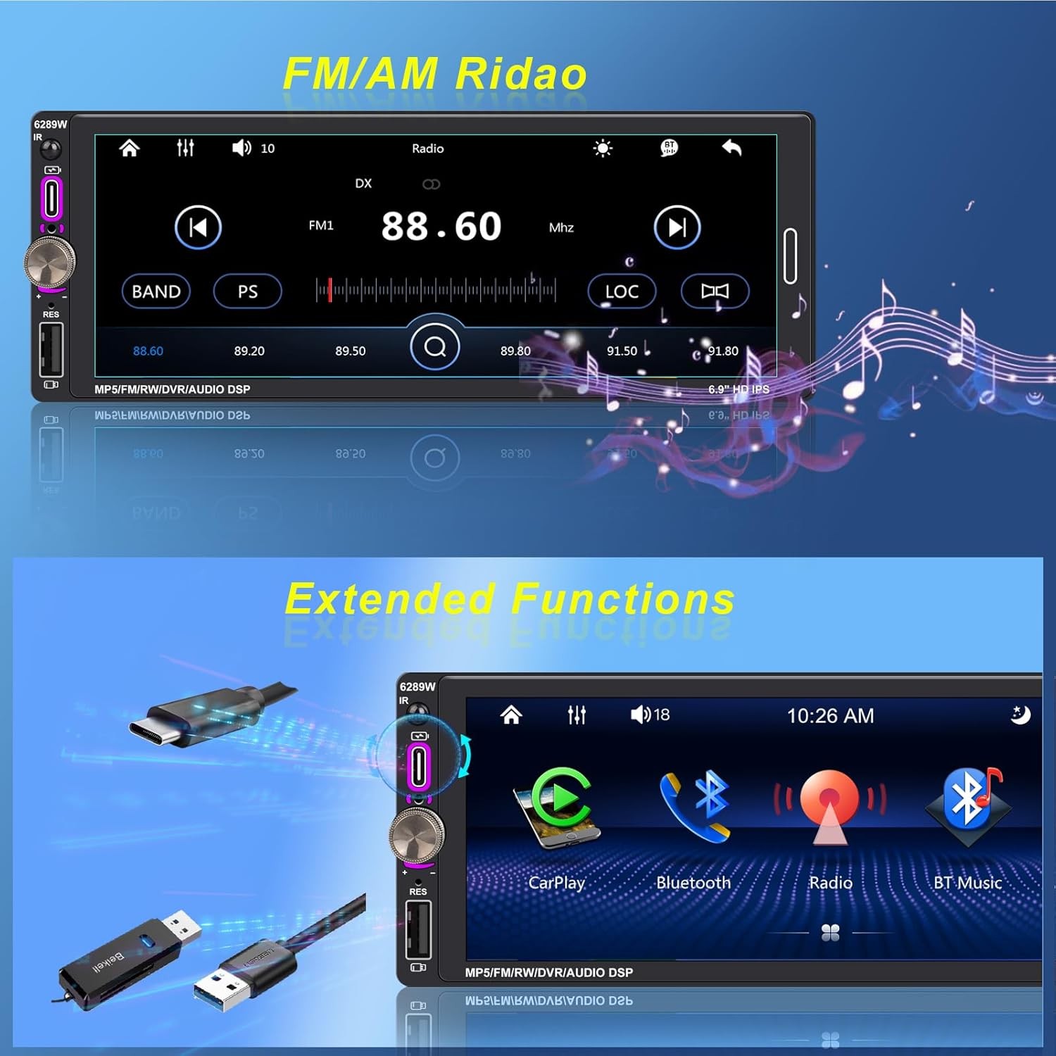 Single 1 Din Android 13 Carplay Car Stereo Radio GPS WIFI BT Touch Screen 6.9″