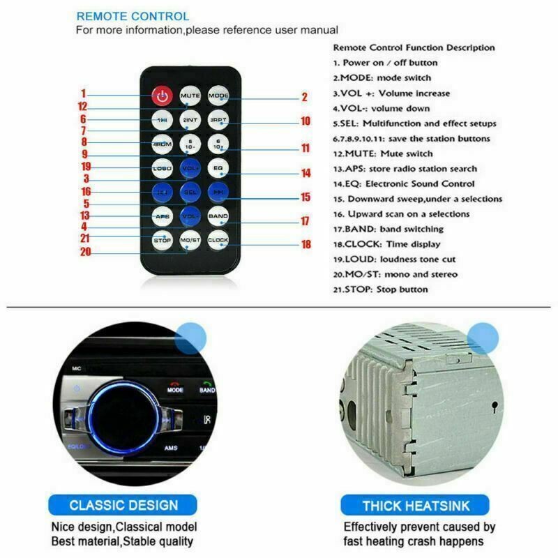 Bluetooth Car Stereo Audio In-Dash FM Aux Input Receiver SD USB MP3 Radio Player
