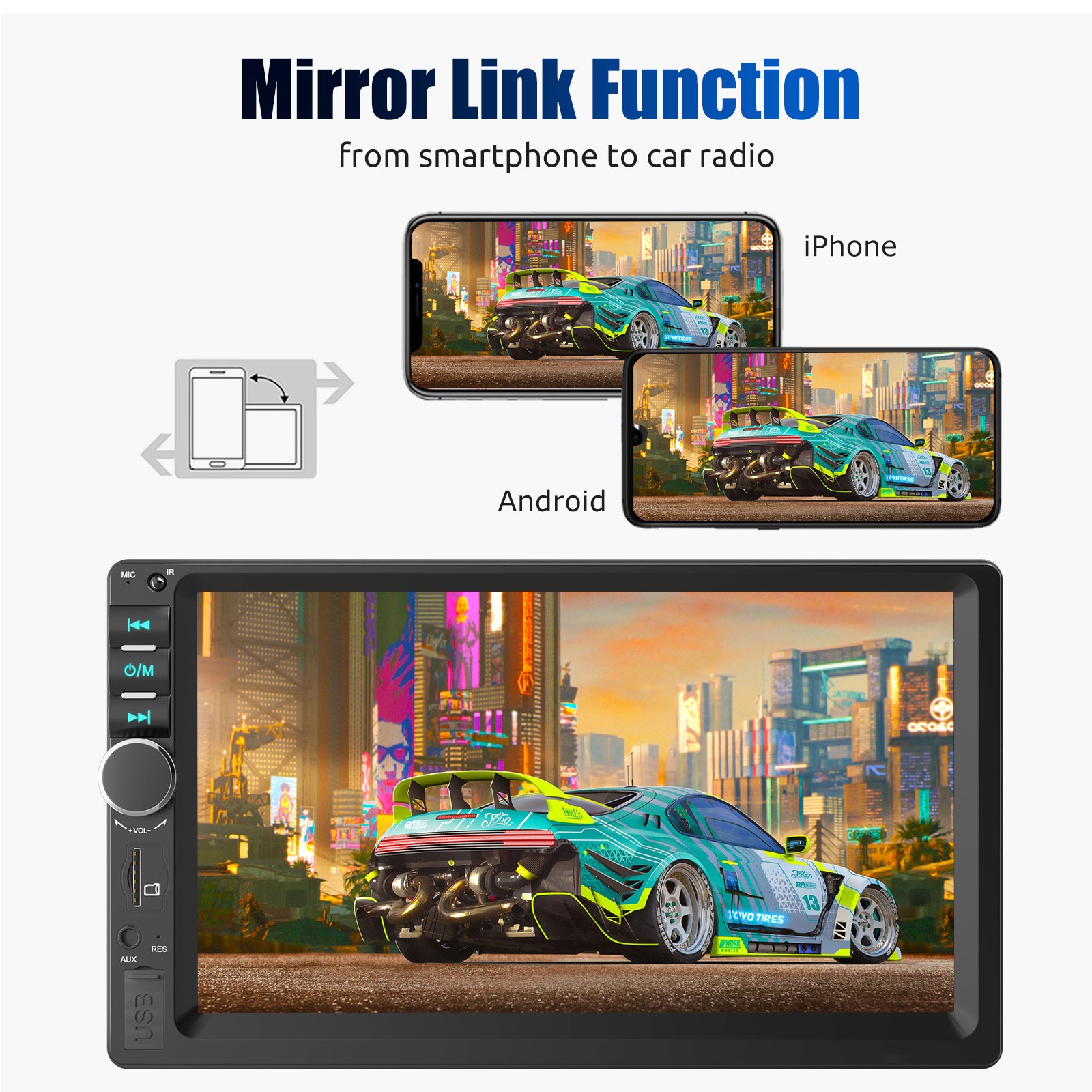 7″ Double DIN Car Radio Touch Screen MP3/MP4/5 Apple Carplay Android Auto AUX FM