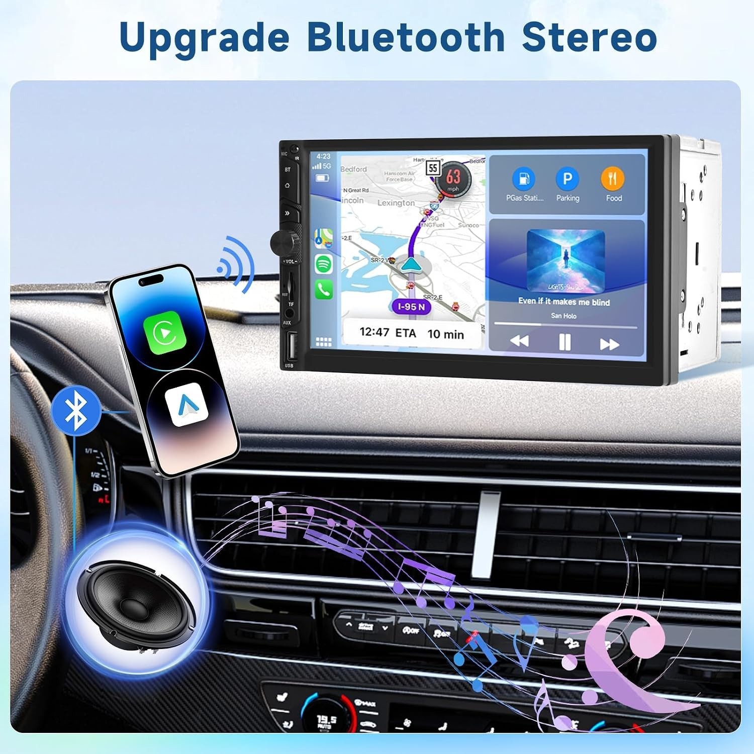 Wireless Upgrade Double Din Car Radio,Wireless CarPlay and Android Auto, Blue…