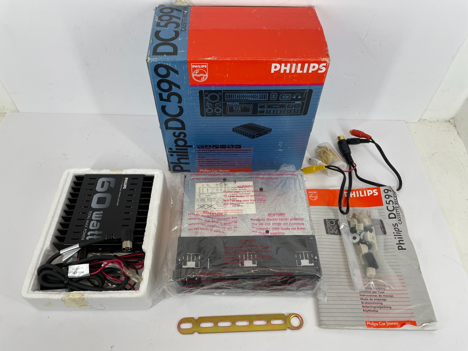 Vintage Philips DC599 Car Stereo Cassette Receiver with DP282 60W Amplifier NIB