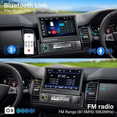 Single Din Car Stereo Screen with Wireless Carplay & Android Auto, 7′ Flip Out