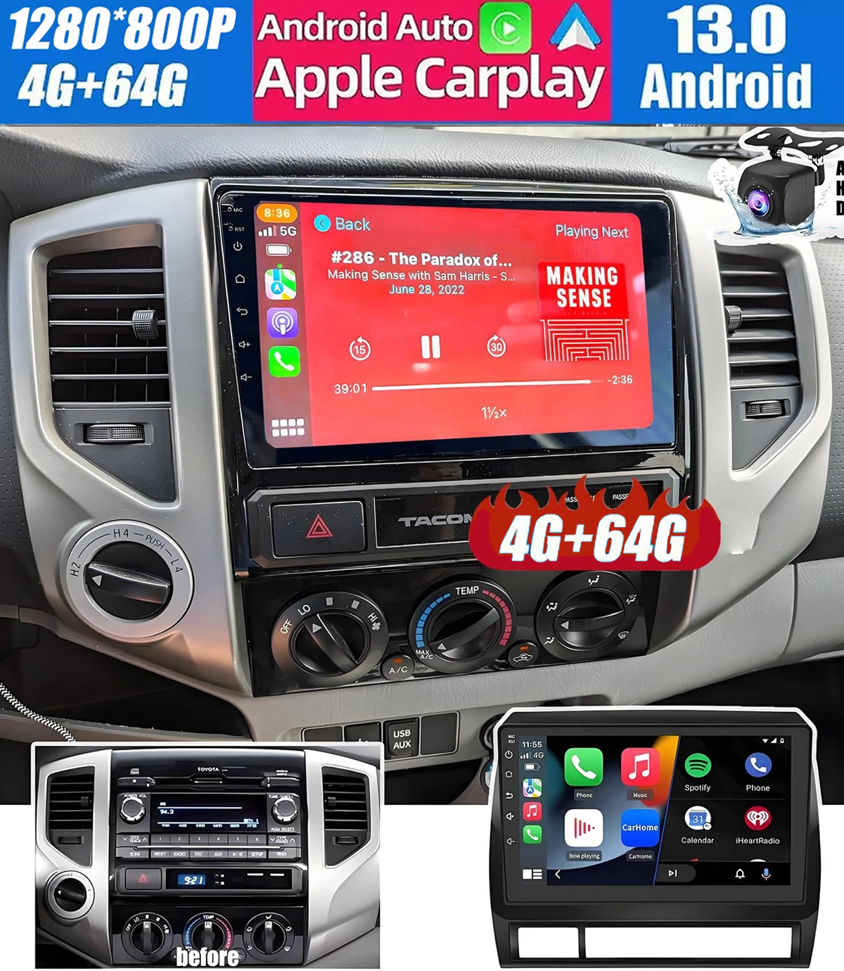 Apple Carplay For Toyota Tacoma 2005-2013 Android 15.0 Car Stereo Radio Camera