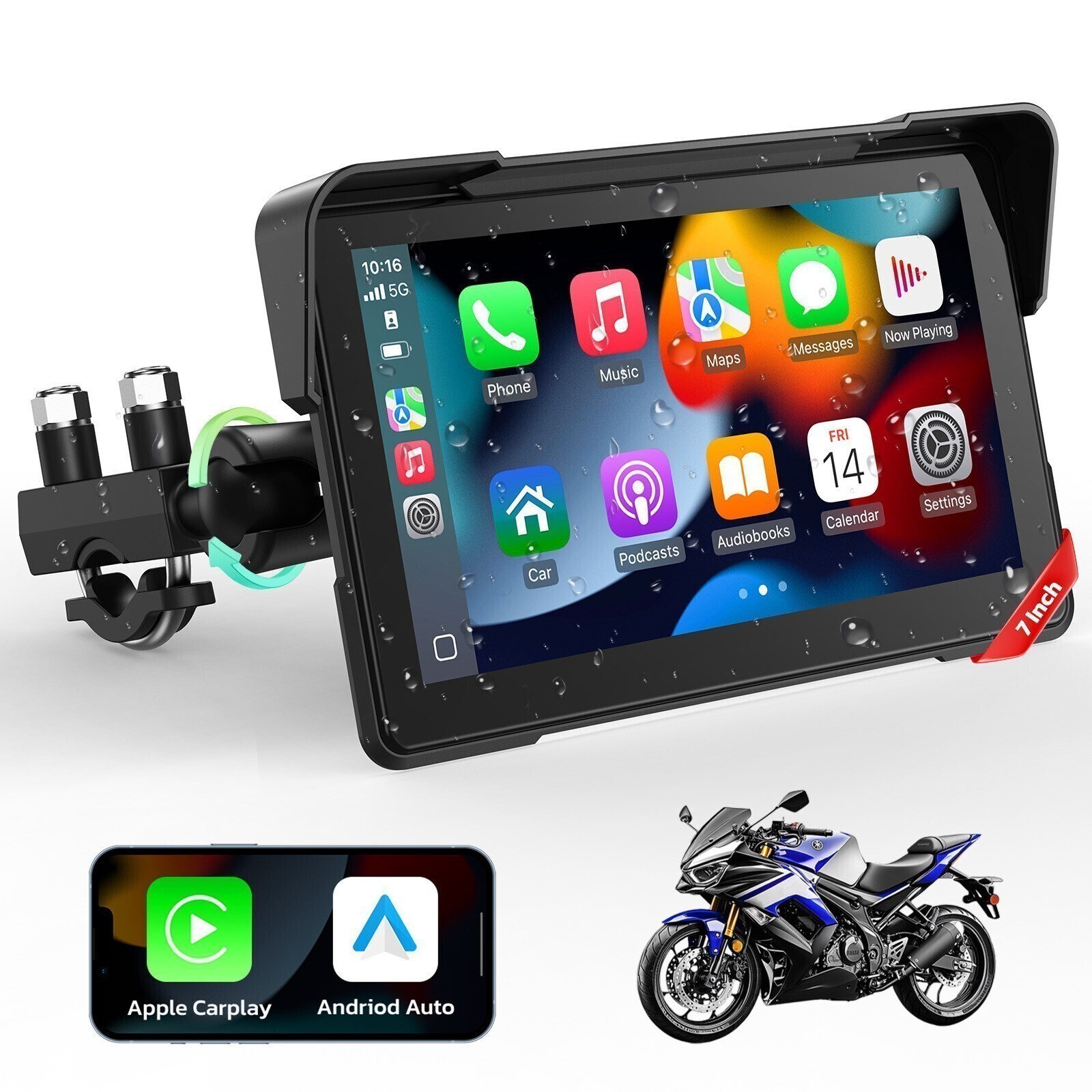 7″ Portable Moto Stereo Wireless Apple Carplay/Android Auto Touch Screen GPS