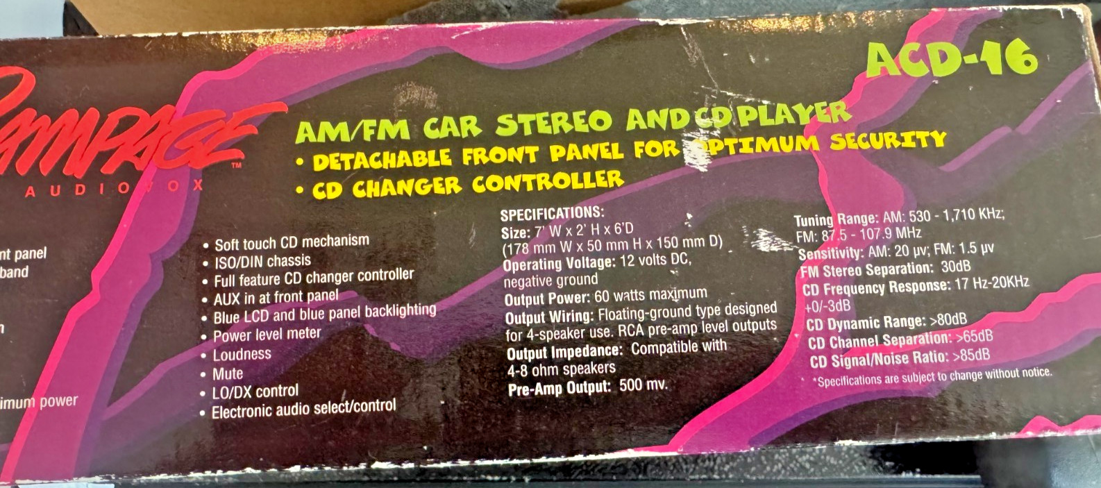 Vintage Rampage by Audiovox  AM/FM/MPX Car Stereo and CD Player ACD-16