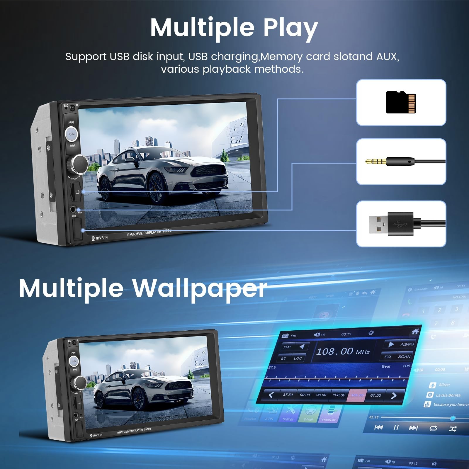 Double Din Car Stereo 7-inch Touch Screen Bluetooth Mirror Link USB AUX FM
