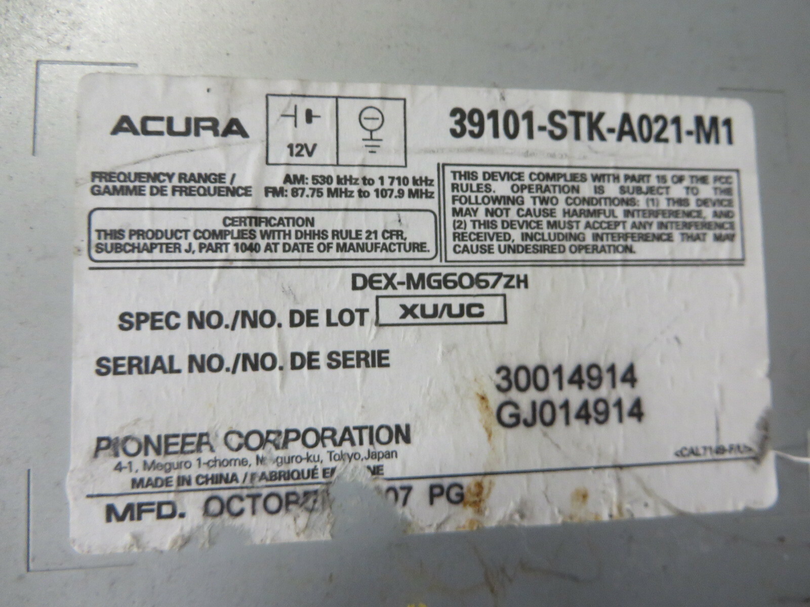 ACURA RDX 07 08 09 RADIO AUDIO AM FM 6 CD FACTORY DASH UNIT OEM # 39101STKA021M1